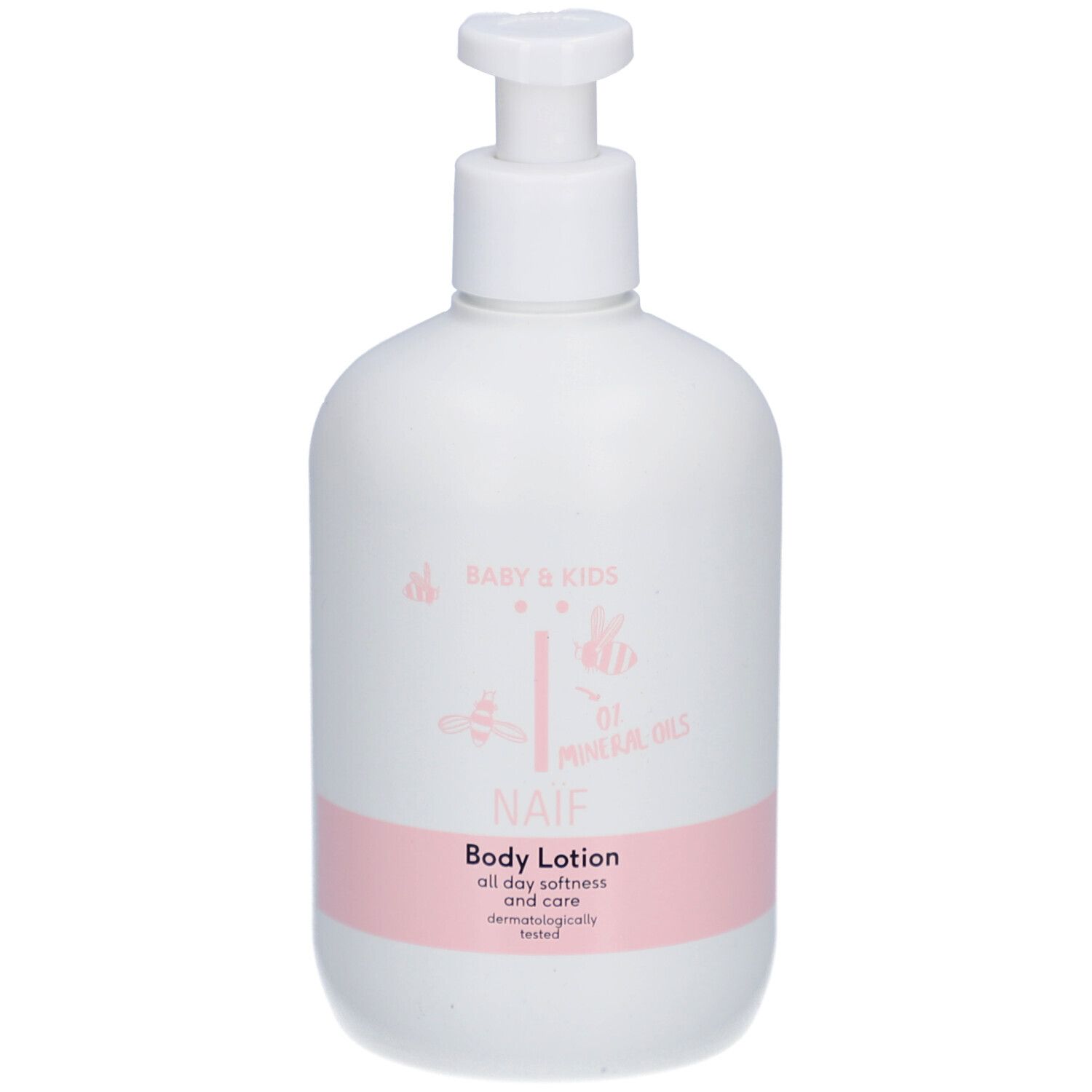 Weiße Flasche mit Spender. Aufschrift: Naïf Baby & Kids Body Lotion. Rosa Etikett.