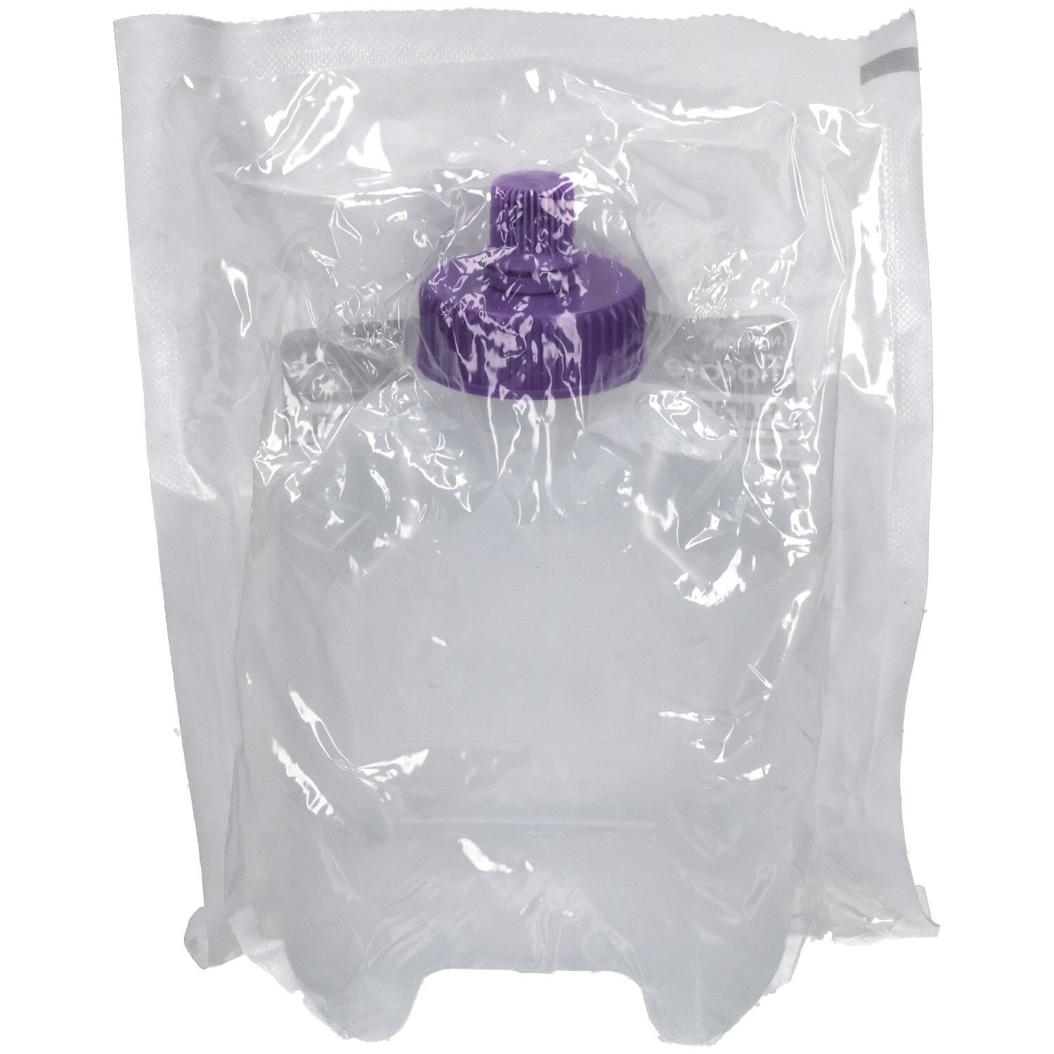 Transparenter Beutel mit einem Behälter mit lila Verschluss. Der Behälter ist in einer transparenten Verpackung eingeschweißt.