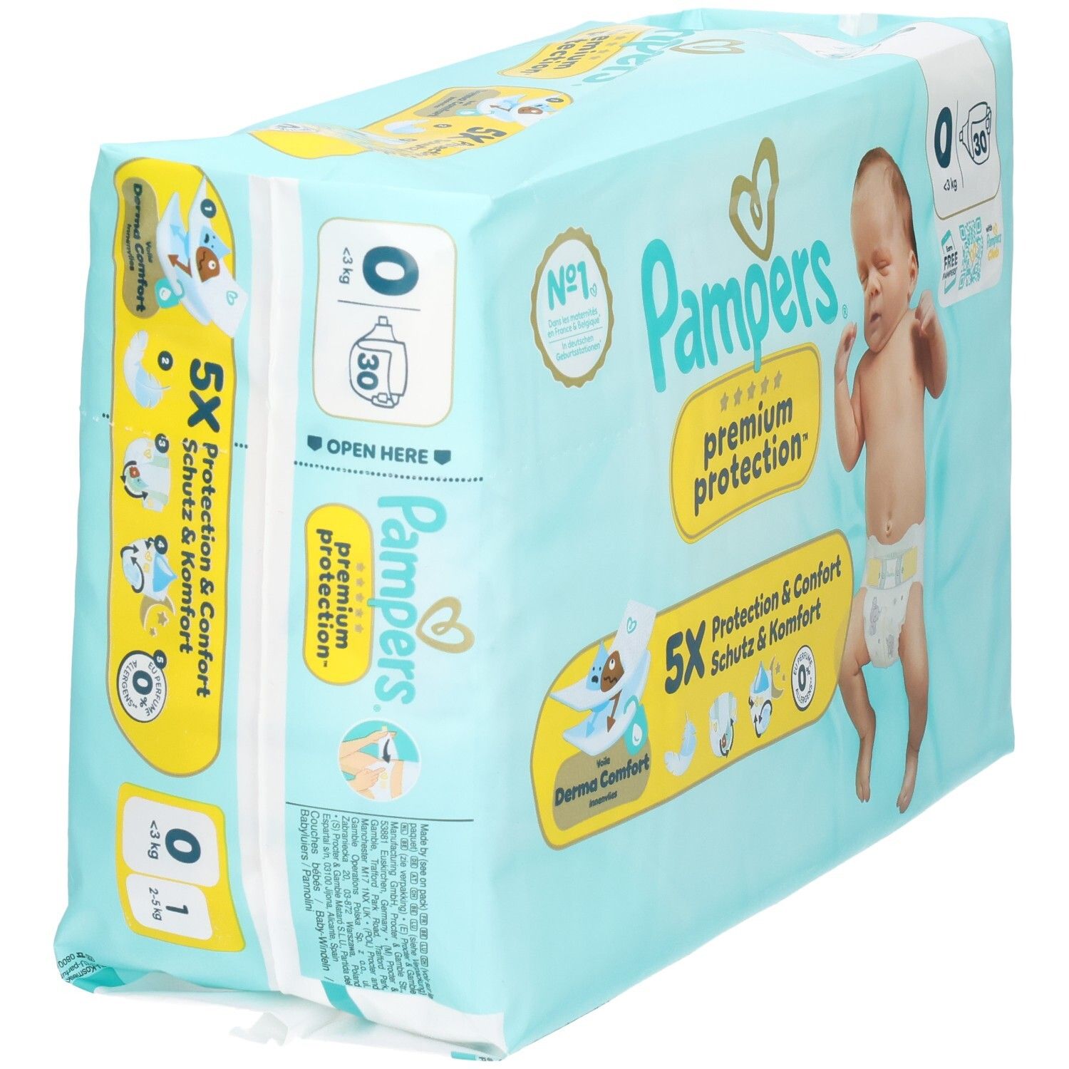 Pampers Premium Protection Windeln, Größe 0, 30 Stück. Seitenansicht der hellblauen Verpackung mit Produktmerkmalen.