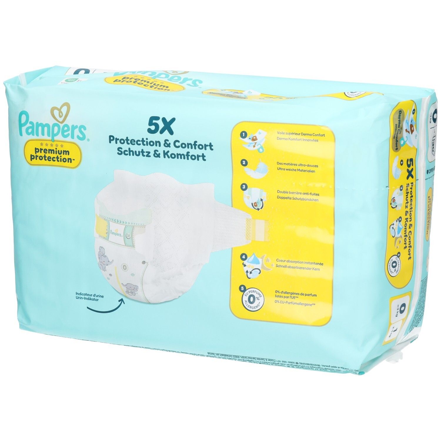 Pampers Premium Protection Windeln, Größe 0, 30 Stück. Vorderseite der Verpackung mit Darstellung einer einzelnen Windel und Vorteilen.