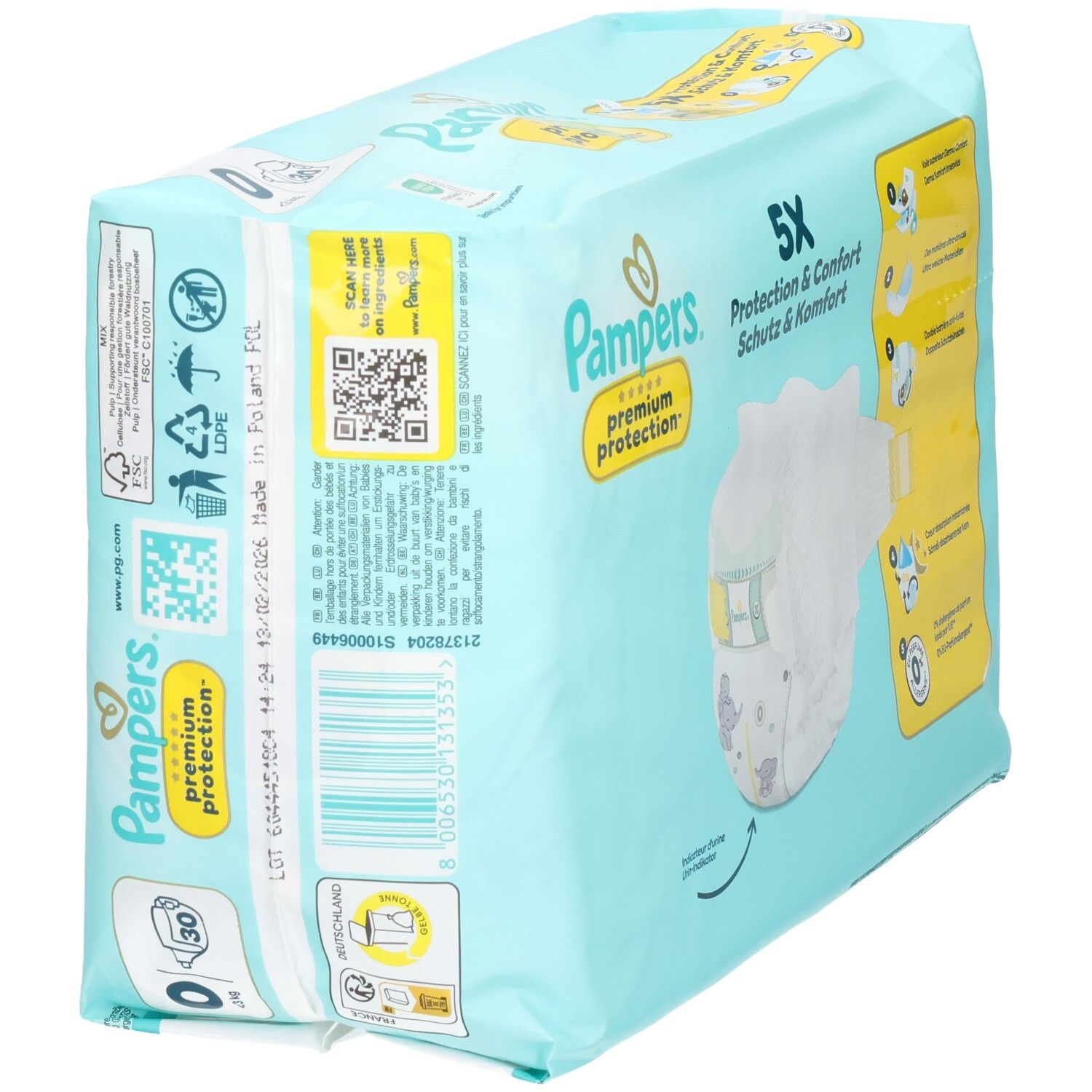 Pampers Premium Protection Windeln, Größe 0, 30 Stück. Rückseite der Verpackung mit Produktinformationen und Barcode.