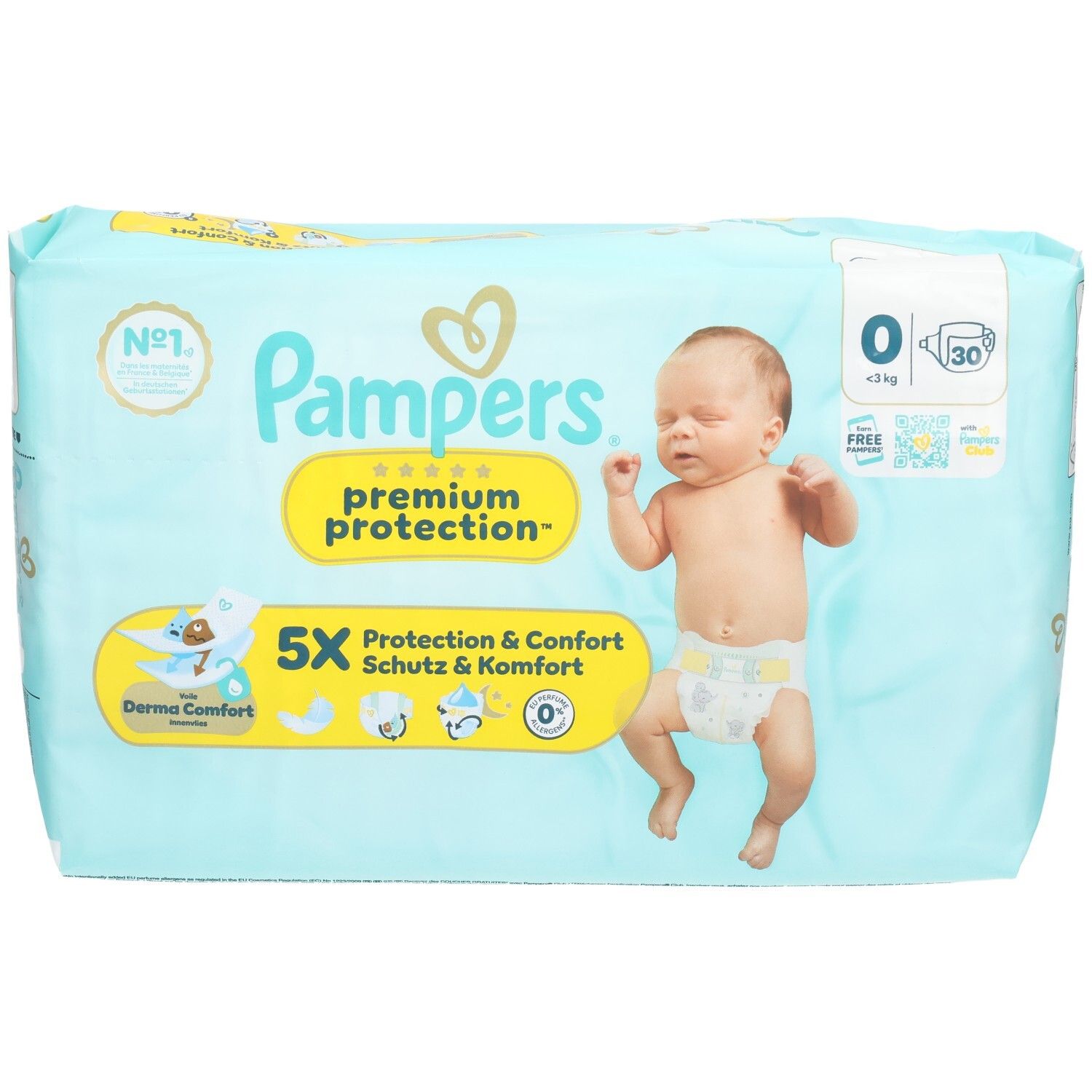 Pampers Premium Protection Windeln, Größe 0, 30 Stück. Hellblaue Verpackung mit Baby-Motiv und Produktinformationen.