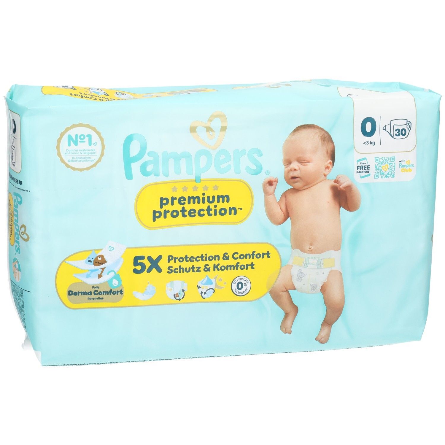 Pampers Premium Protection Windeln, Größe 0, 30 Stück. Hellblaue Verpackung mit Baby-Motiv und Produktinformationen.