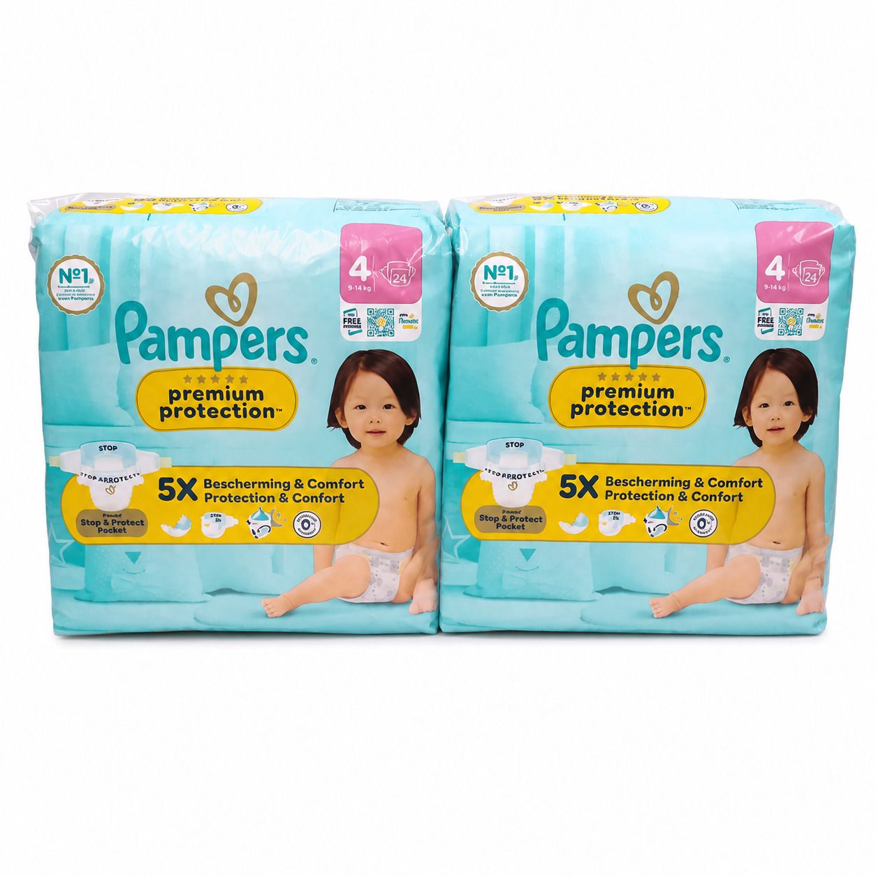 Zwei Packungen Pampers Premium Protection Windeln Gr. 4. Mit "5x Schutz & Komfort" Aufdruck.