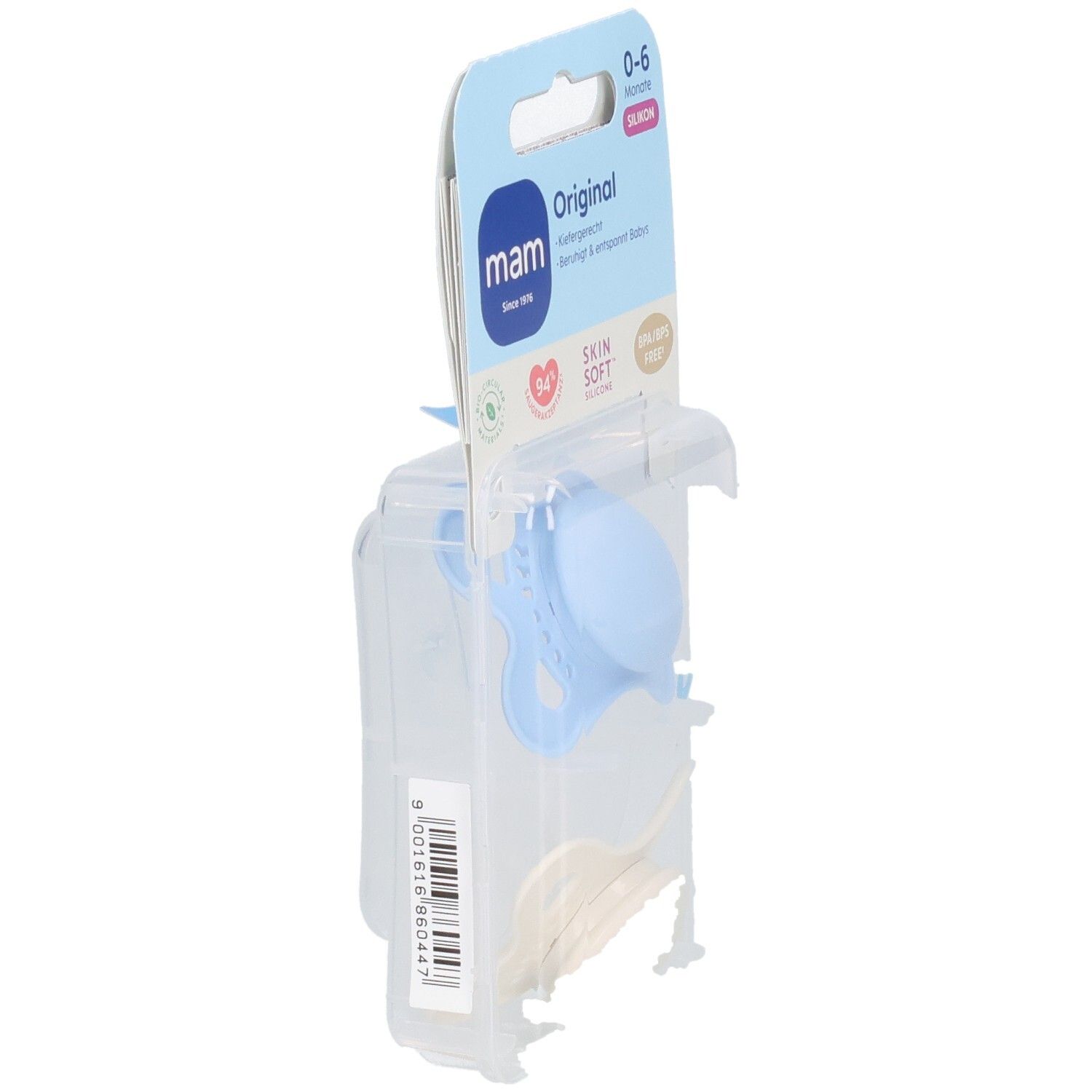 Verpackte MAM Original Schnuller. Blaue Schnuller sichtbar. Alter 0-6 Monate. Verpackung aus Kunststoff.