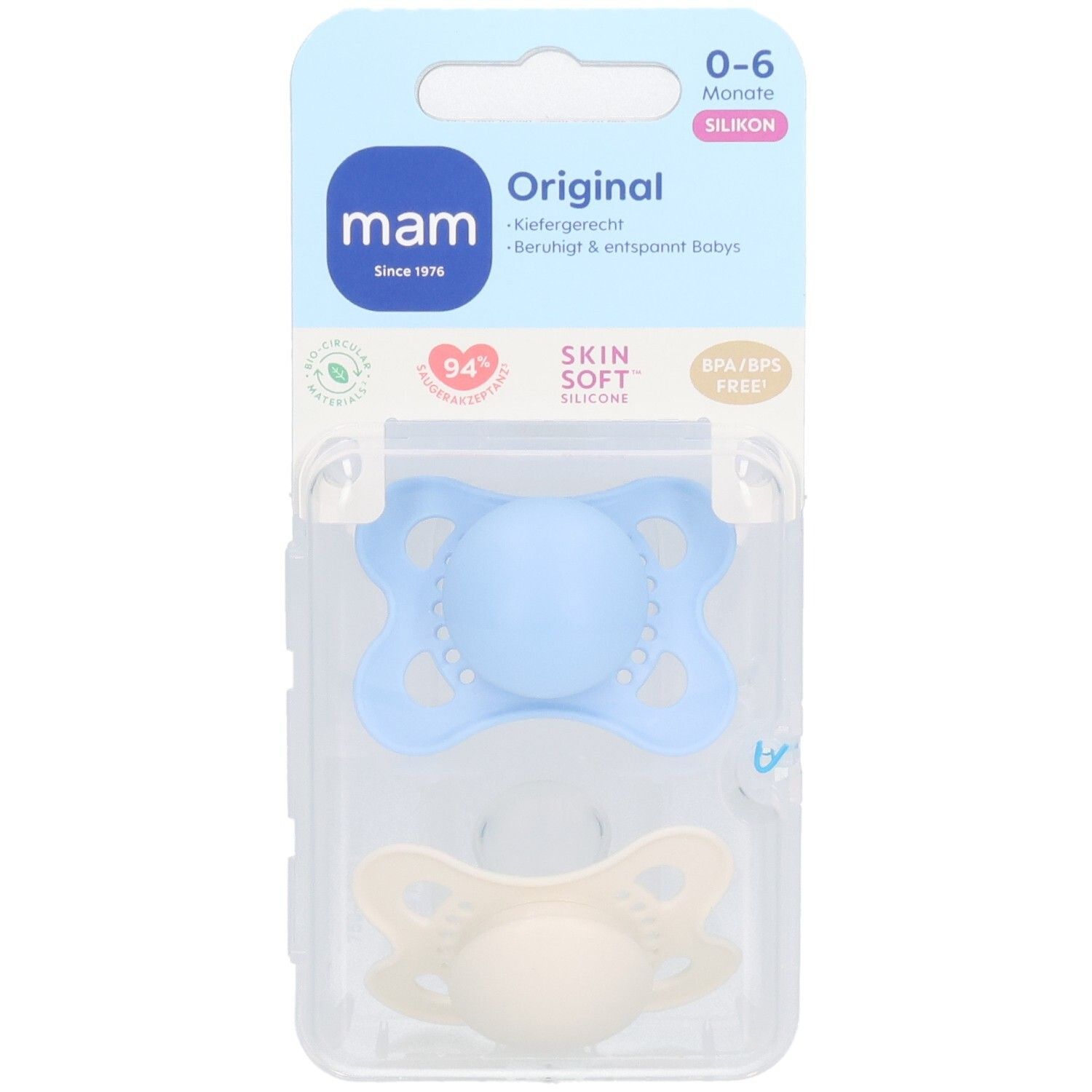 Zwei MAM Original Silikon-Schnuller in Verpackung. Blau und cremefarben. Alter 0-6 Monate. BPA/BPS-frei.