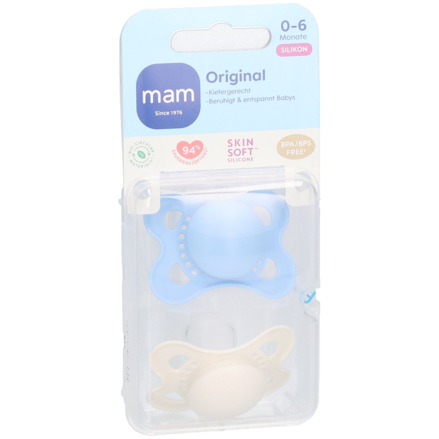 Zwei MAM Original Silikon-Schnuller in Verpackung. Blau und cremefarben. Alter 0-6 Monate. BPA/BPS-frei.