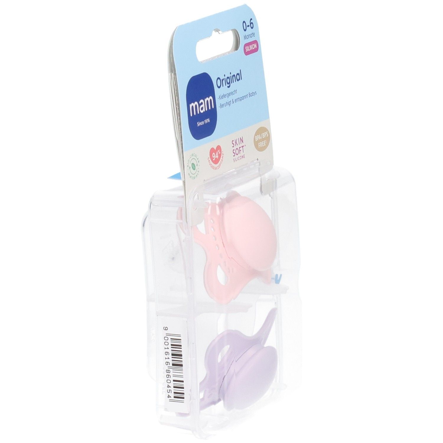 Verpackung mit zwei MAM Original Silikon-Schnullern, Rosa und Lila, 0-6 Monate.