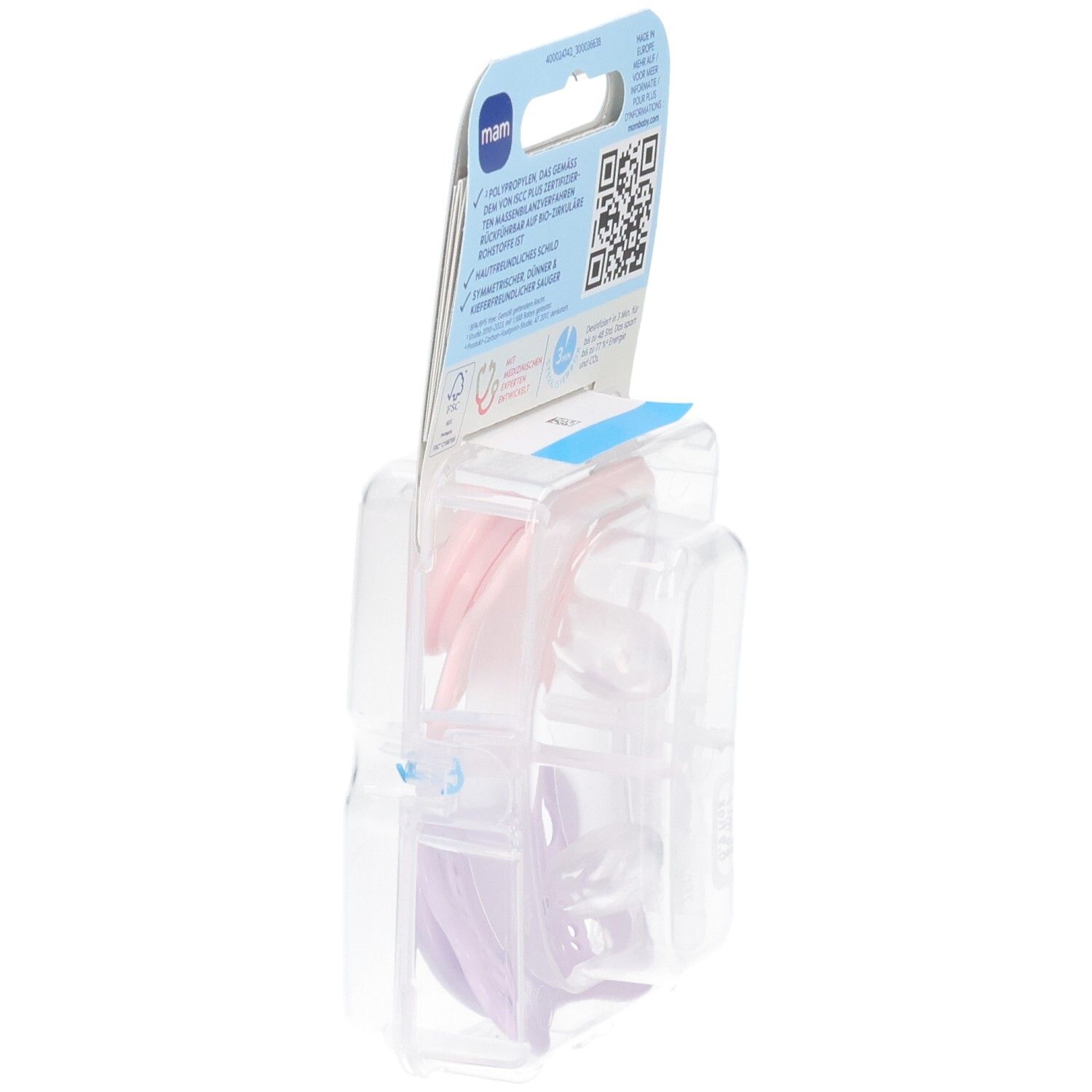 Seitenansicht der Verpackung mit zwei MAM Original Silikon-Schnullern, Rosa und Lila.