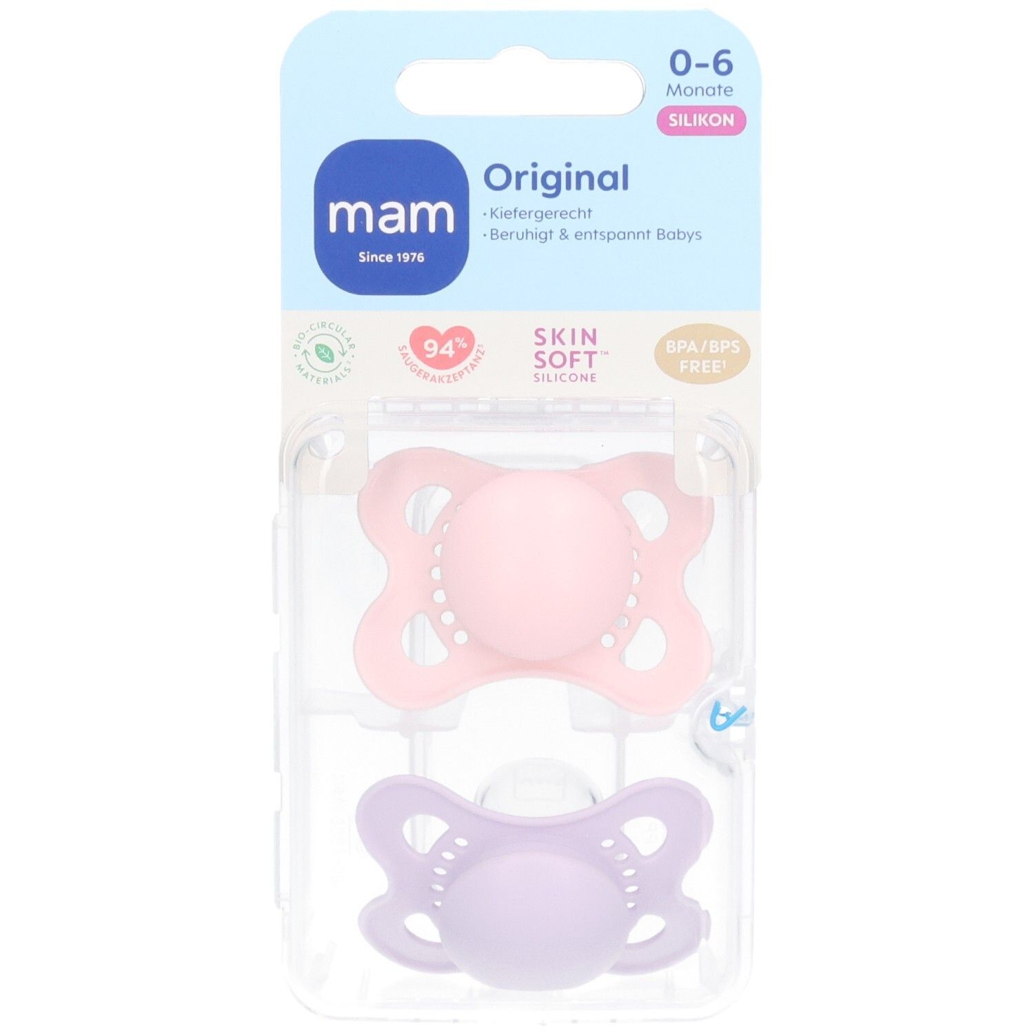 Zwei MAM Original Silikon-Schnuller, Rosa und Lila, 0-6 Monate, in Verpackung.