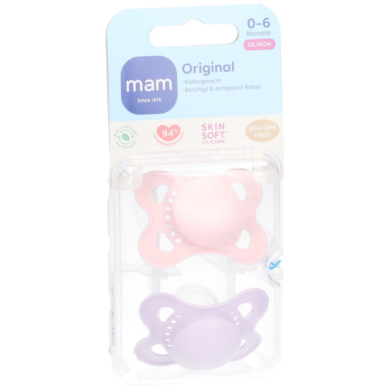 Nahaufnahme von zwei MAM Original Silikon-Schnullern, Rosa und Lila.