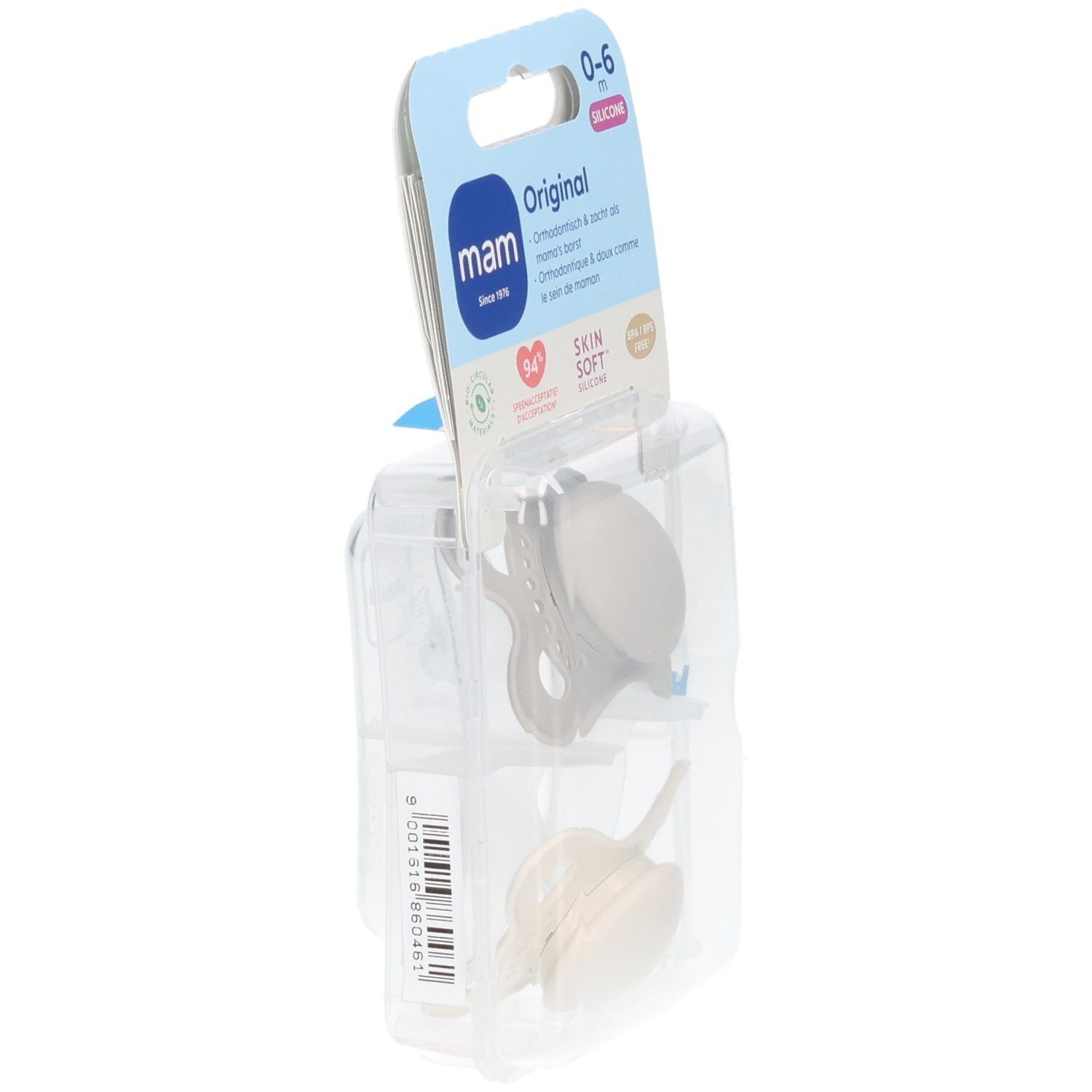 Zwei MAM Original Silikon-Schnuller, grau und beige, 0-6 Monate, Seitenansicht im Einzelhandelspack.