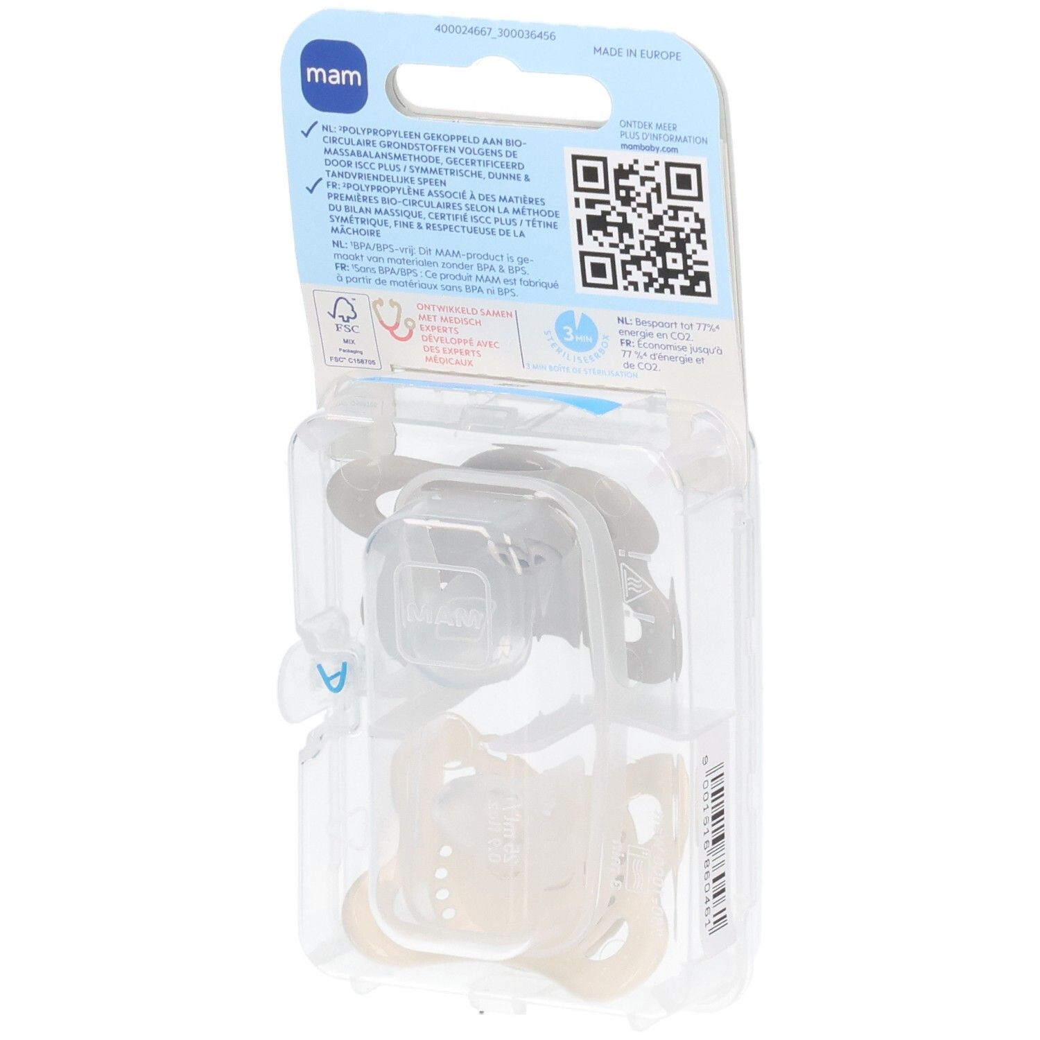 Rückseite der Verpackung von zwei MAM Original Silikon-Schnullern, 0-6 Monate, mit Produktinformationen.
