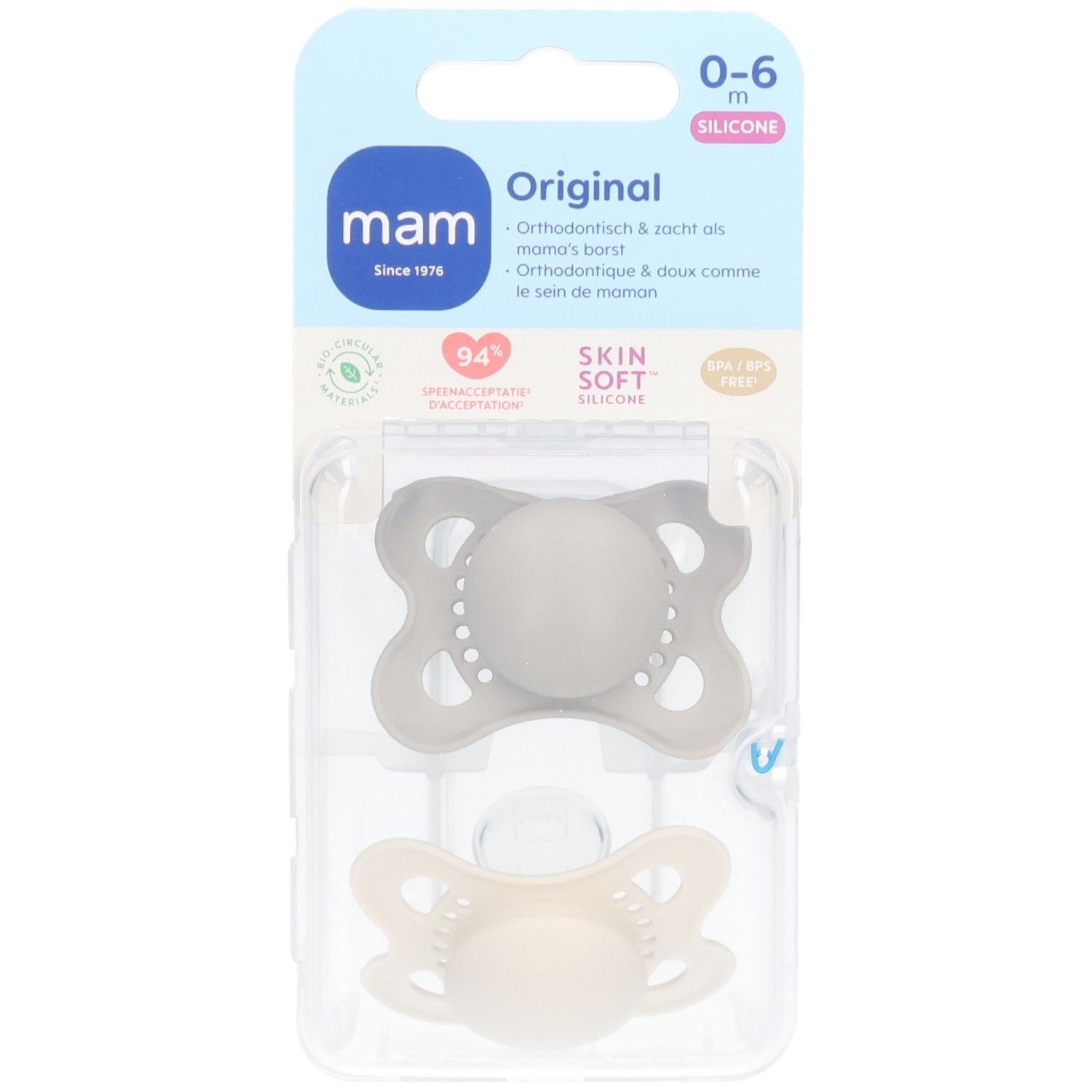 Zwei MAM Original Silikon-Schnuller in Grau und Beige für 0-6 Monate, im Einzelhandelspack.