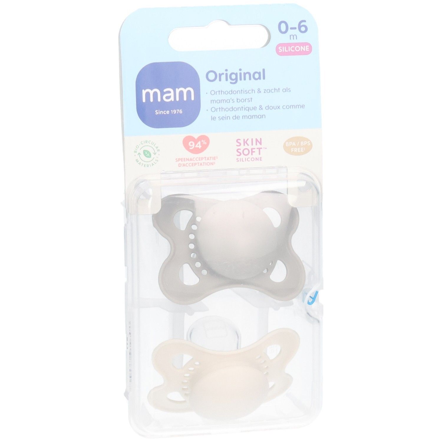 Zwei MAM Original Silikon-Schnuller, grau und beige, 0-6 Monate, Vorderansicht im Einzelhandelspack.