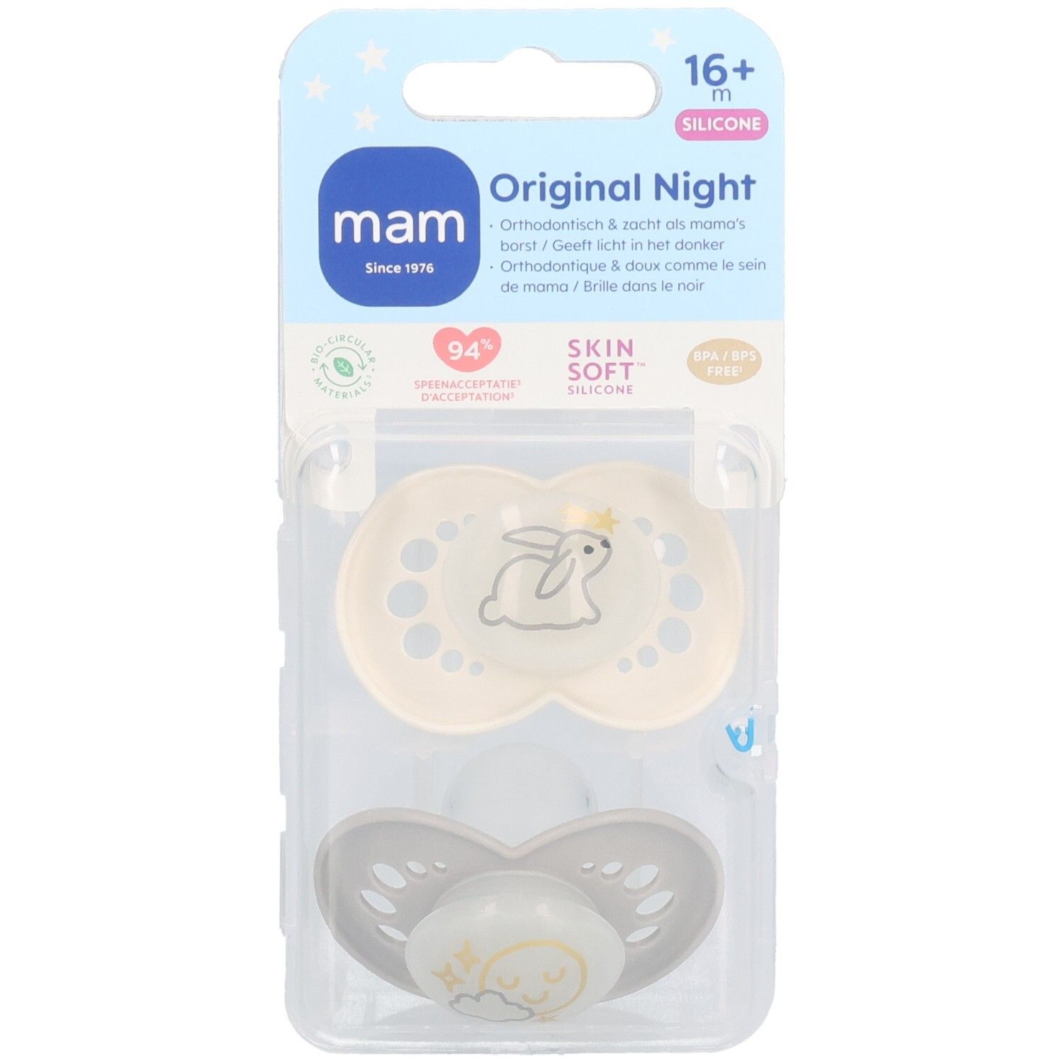 Zwei Schnuller in Verpackung. Beige und graue Farben. Aufdruck: Hase und Sterne. Text: MAM Original Night, 16+ m, Silikon.