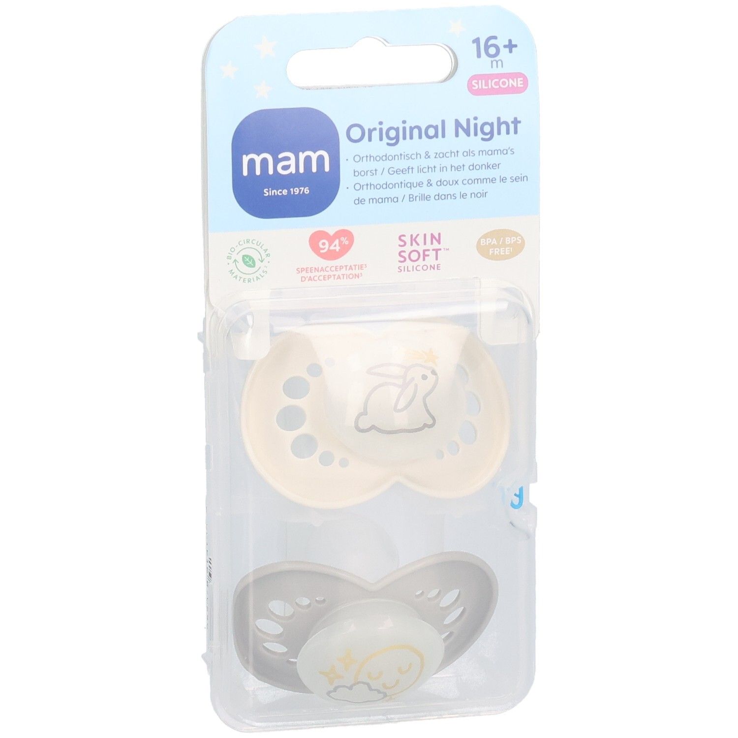 Zwei Schnuller in Verpackung. Beige und graue Farben. Aufdruck: Hase und Sterne. Text: MAM Original Night, 16+ m, Silikon.