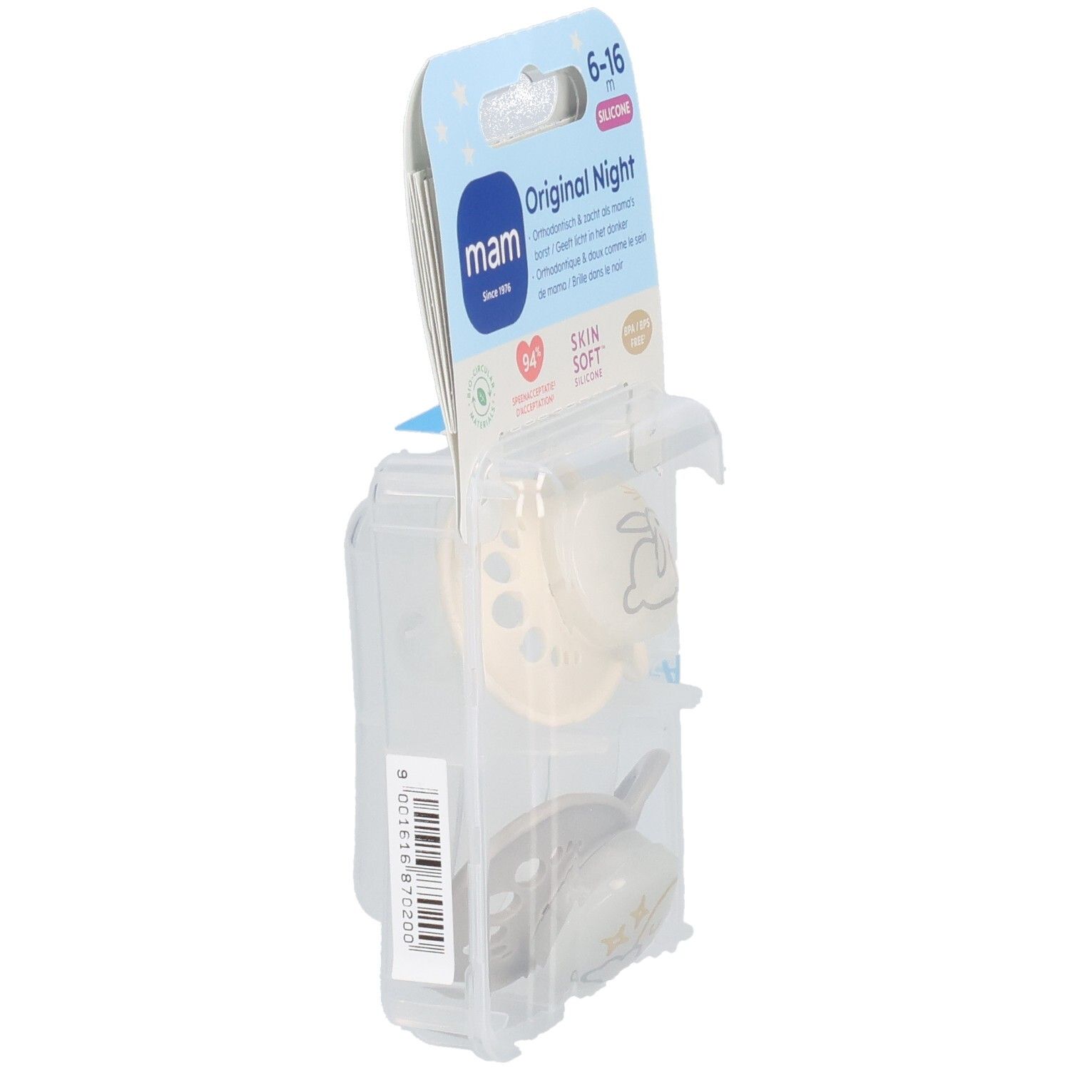 Seitenansicht der Verpackung mit zwei Schnullern. Der Produktname und die Altersangabe sind sichtbar. Transparente Verpackung.