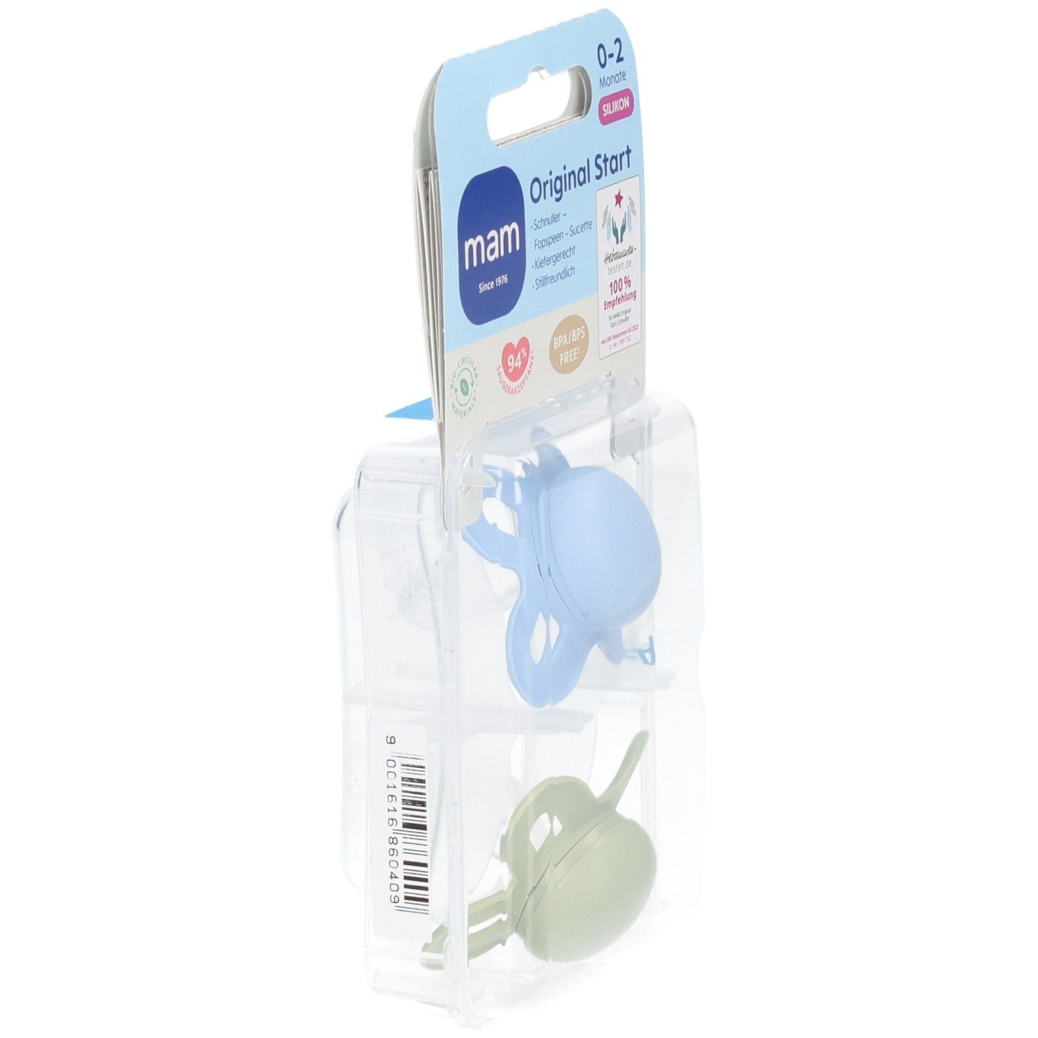 Blisterverpackung mit zwei Schnullern. Blaue und grüne Schnuller. Ansicht von der Seite.