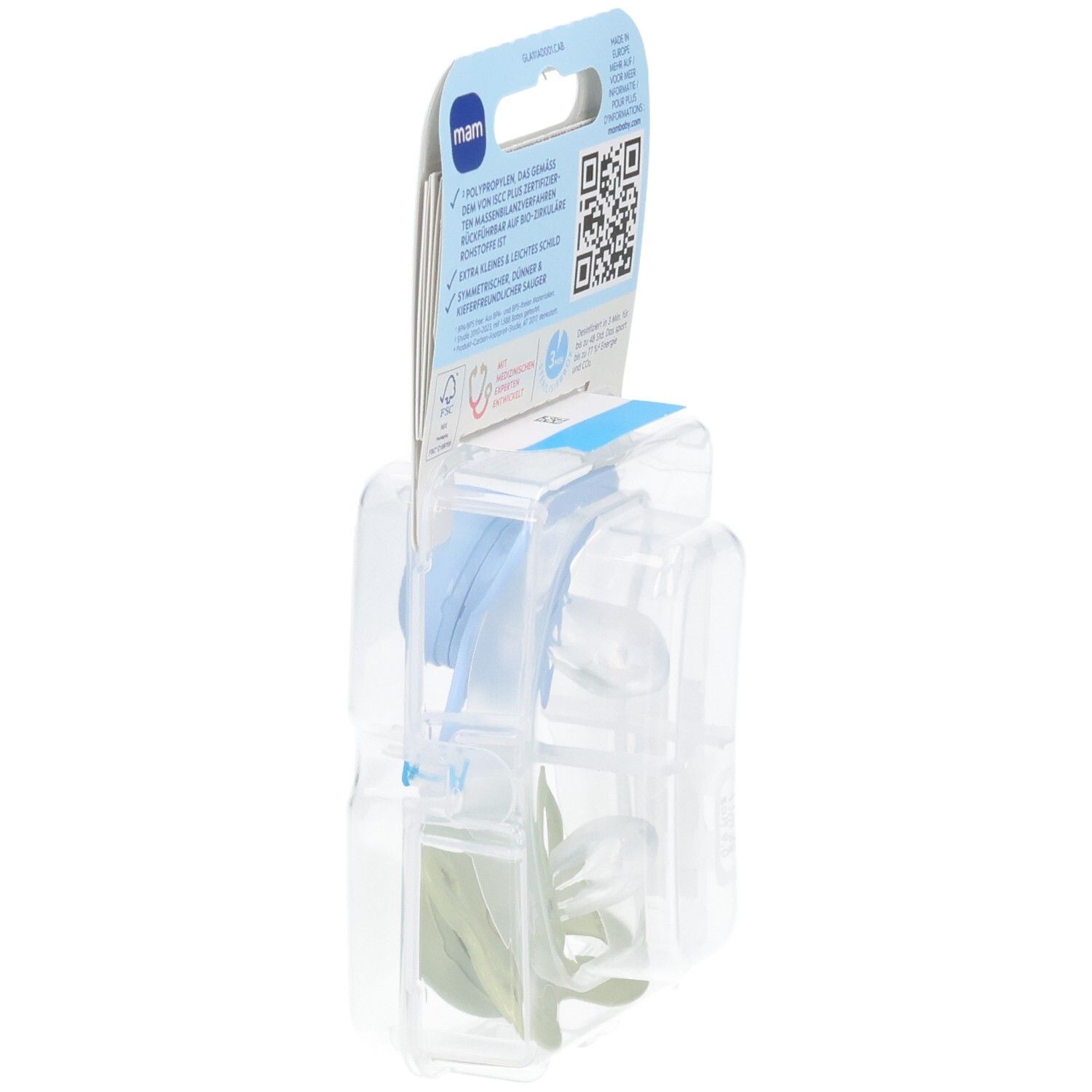 Blisterverpackung mit zwei Schnullern. Ansicht von der Seite. Blaue und grüne Schnuller sichtbar.