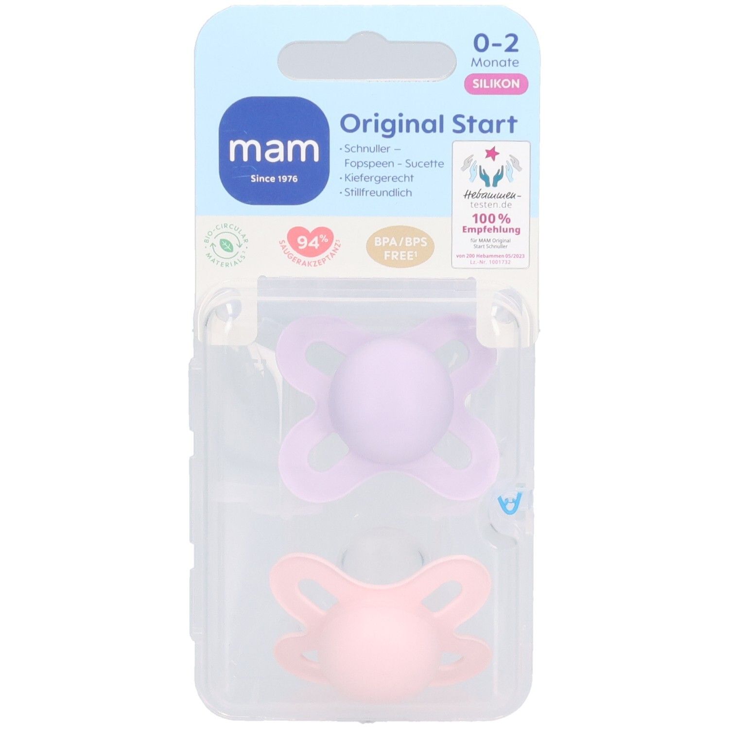 Zwei Schnuller in rosa und lila in einer transparenten Verpackung. Marke MAM, Original Start, 0-2 Monate.