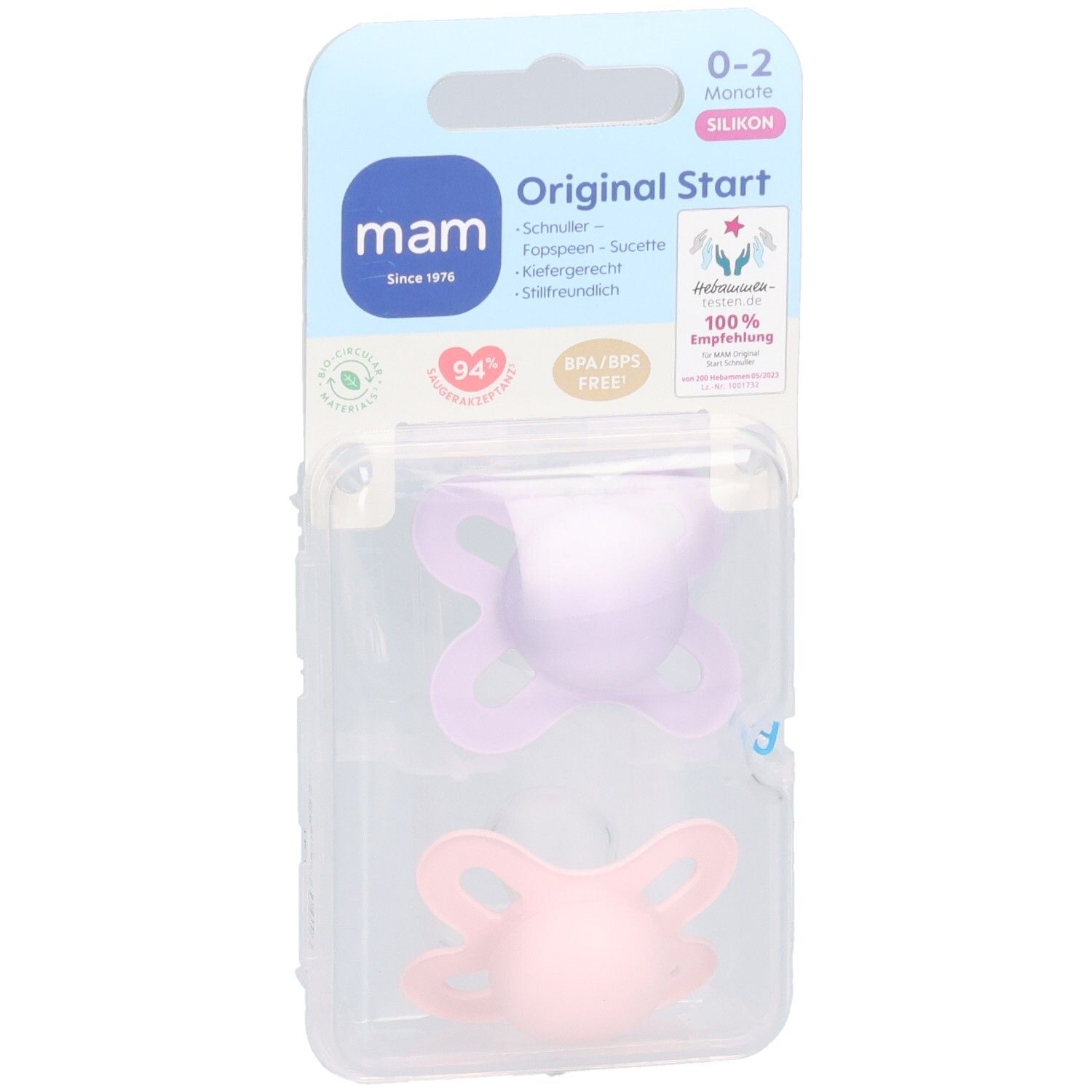 Zwei Schnuller in rosa und lila in einer transparenten Verpackung. Marke MAM, Original Start, 0-2 Monate.