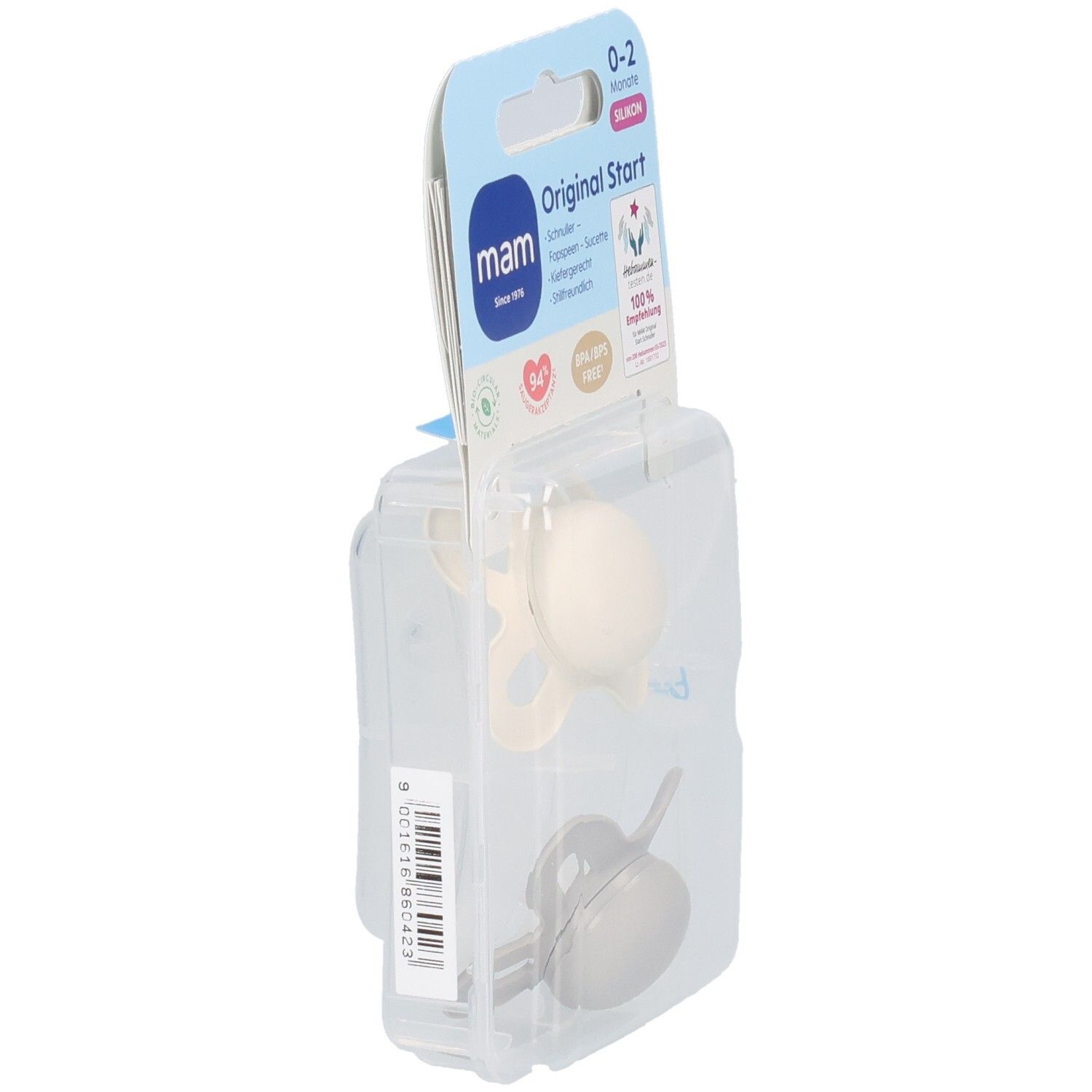 Verpackung mit zwei MAM Original Start Schnullern. Farben: Beige und Grau. Alter: 0-2 Monate. Sicht auf die Seite.