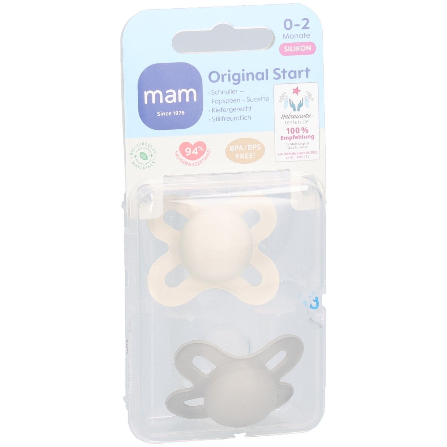 Zwei MAM Original Start Silikon-Schnuller in Verpackung. Farben: Beige und Grau. Alter: 0-2 Monate. BPA/BPS-frei.
