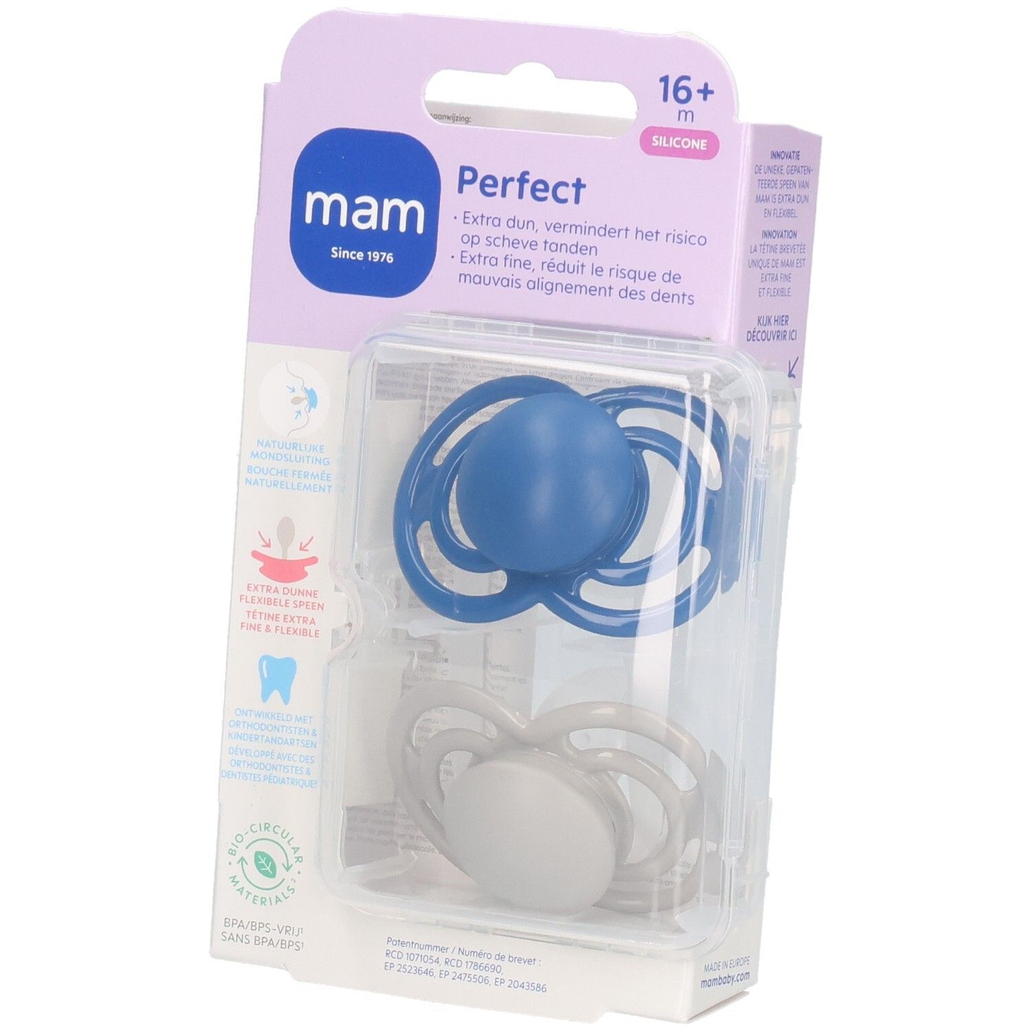 Verpackung mit zwei MAM Perfect Silikon-Schnullern, blau und grau. Sichtbare Produktmerkmale und Markenlogo.