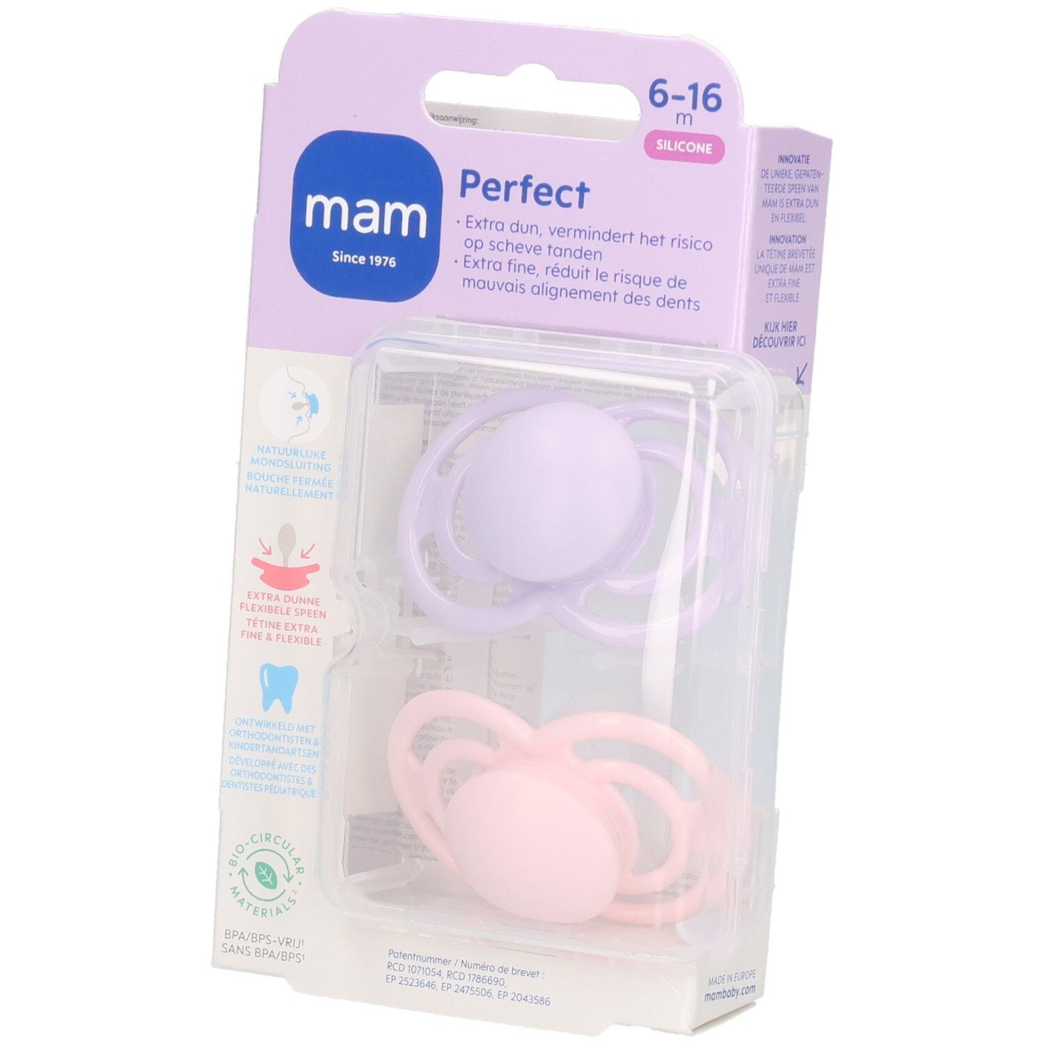 MAM Fopspeen Perfect Silicone - 6-16 Plain Pink 2 St Schnuller