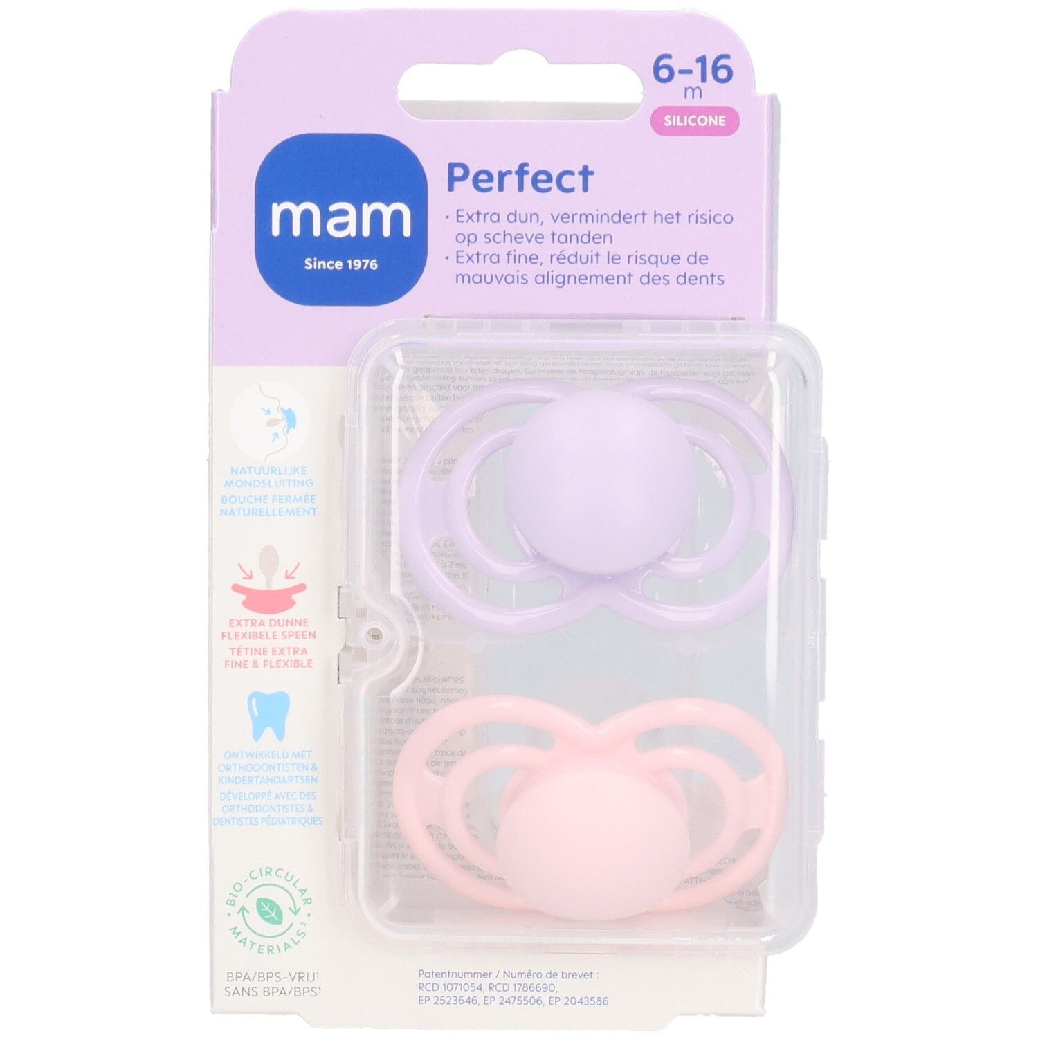 Verpackung mit zwei Schnullern. Marke MAM, Perfect. Farben: Rosa und Lila. Altersempfehlung: 6-16 Monate. Sichtbare Merkmale: Silikon.