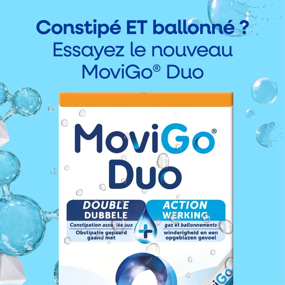 Movigo Duo : Double action contre la constipation et les ballonnements. Solution buvable.