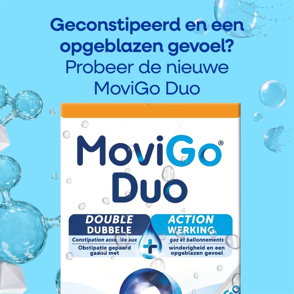 Movigo Duo: Dubbele werking tegen constipatie en opgeblazen gevoel. Drinkoplossing.