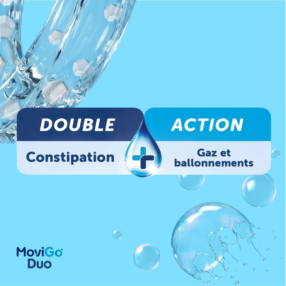 MoviGo Duo : Double action contre la constipation et les ballonnements. Texte bleu et blanc sur fond bleu clair avec des gouttes d'eau et des bulles.