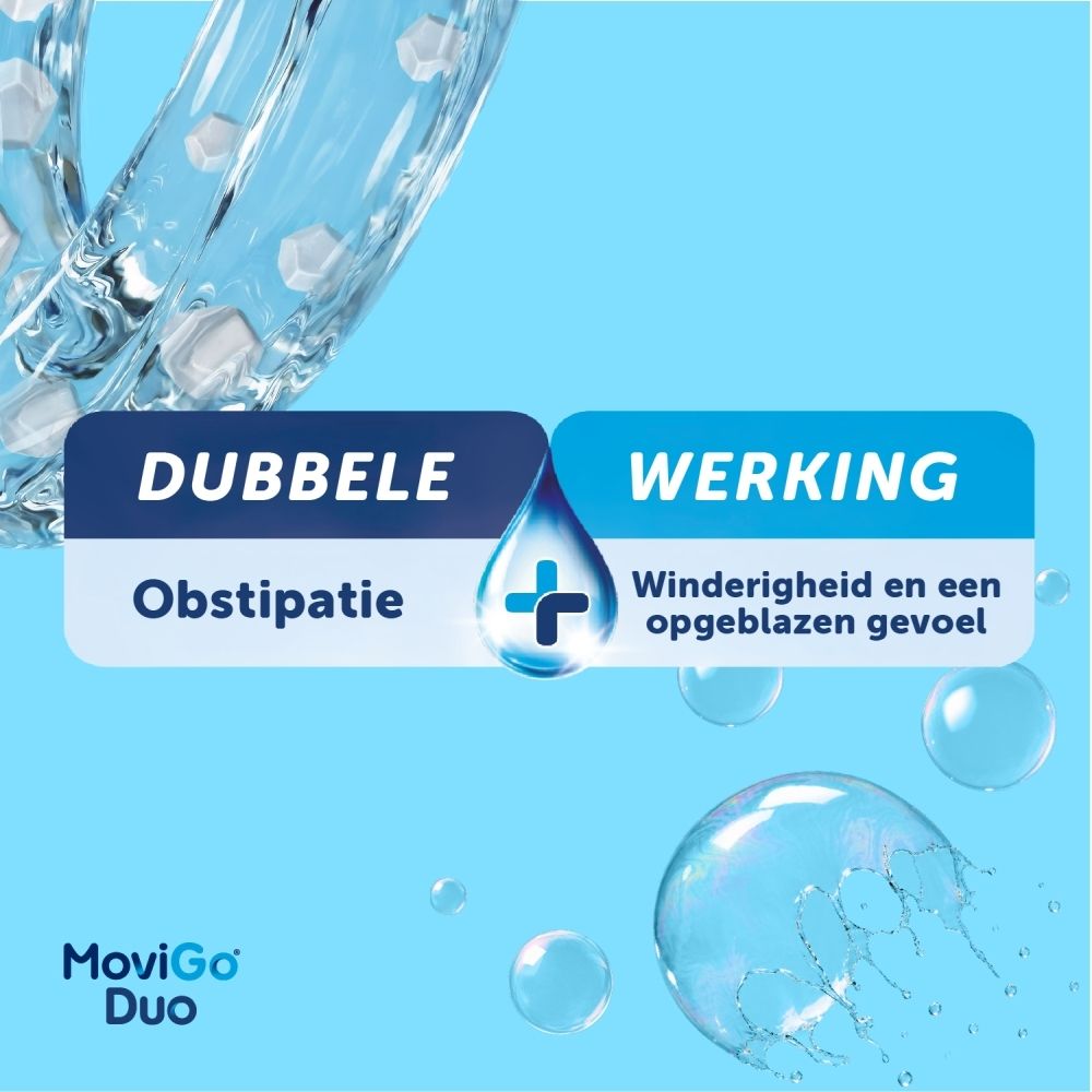 Movigo Duo: Dubbele werking tegen constipatie en opgeblazen gevoel. Drinkoplossing.