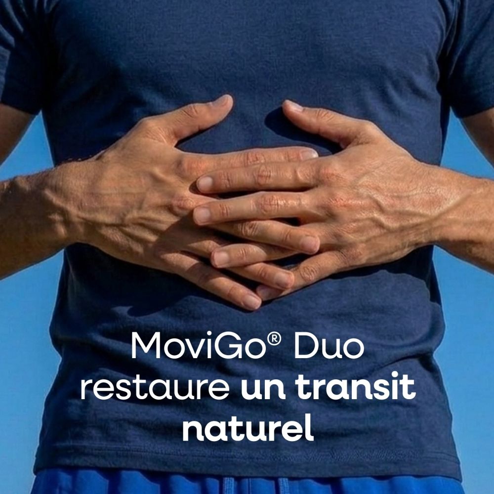 Homme pose les mains sur son ventre. Texte : MoviGo Duo restaure un transit naturel.
