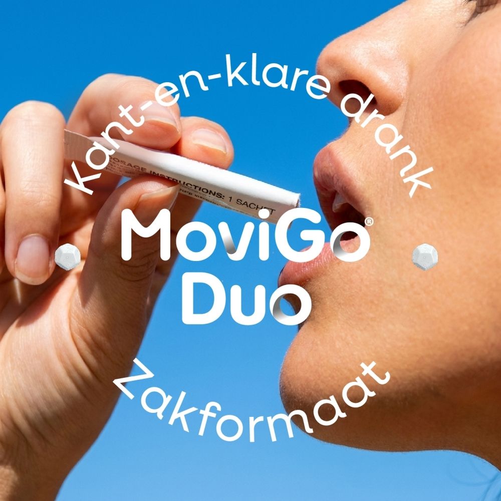 Movigo Duo: Dubbele werking tegen constipatie en opgeblazen gevoel. Drinkoplossing.