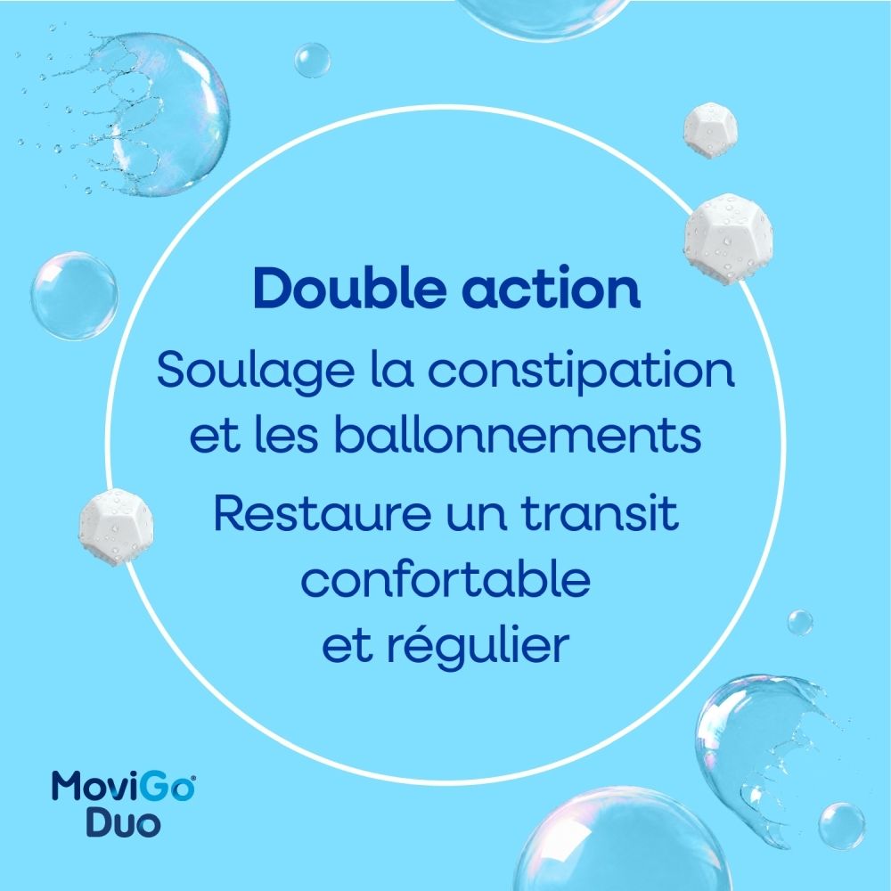 MoviGo Duo: Double action. Soulage la constipation et les ballonnements. Restaure un transit confortable et régulier.