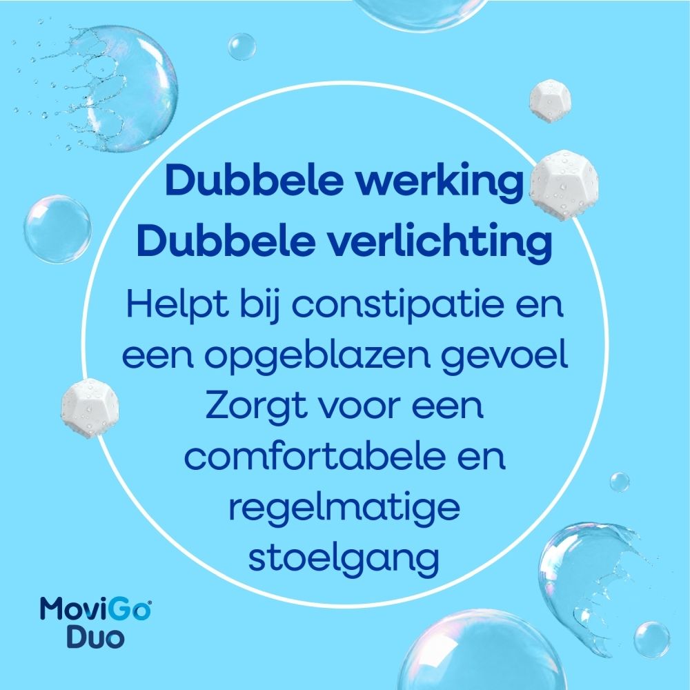 Movigo Duo: Dubbele werking tegen constipatie en opgeblazen gevoel. Drinkoplossing.