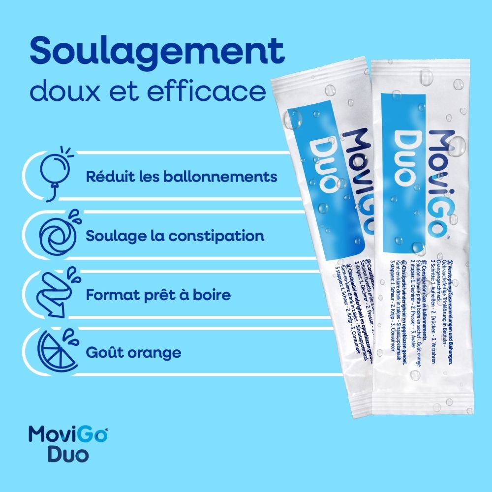 Deux sachets MoviGo Duo saveur orange, prêts à boire.