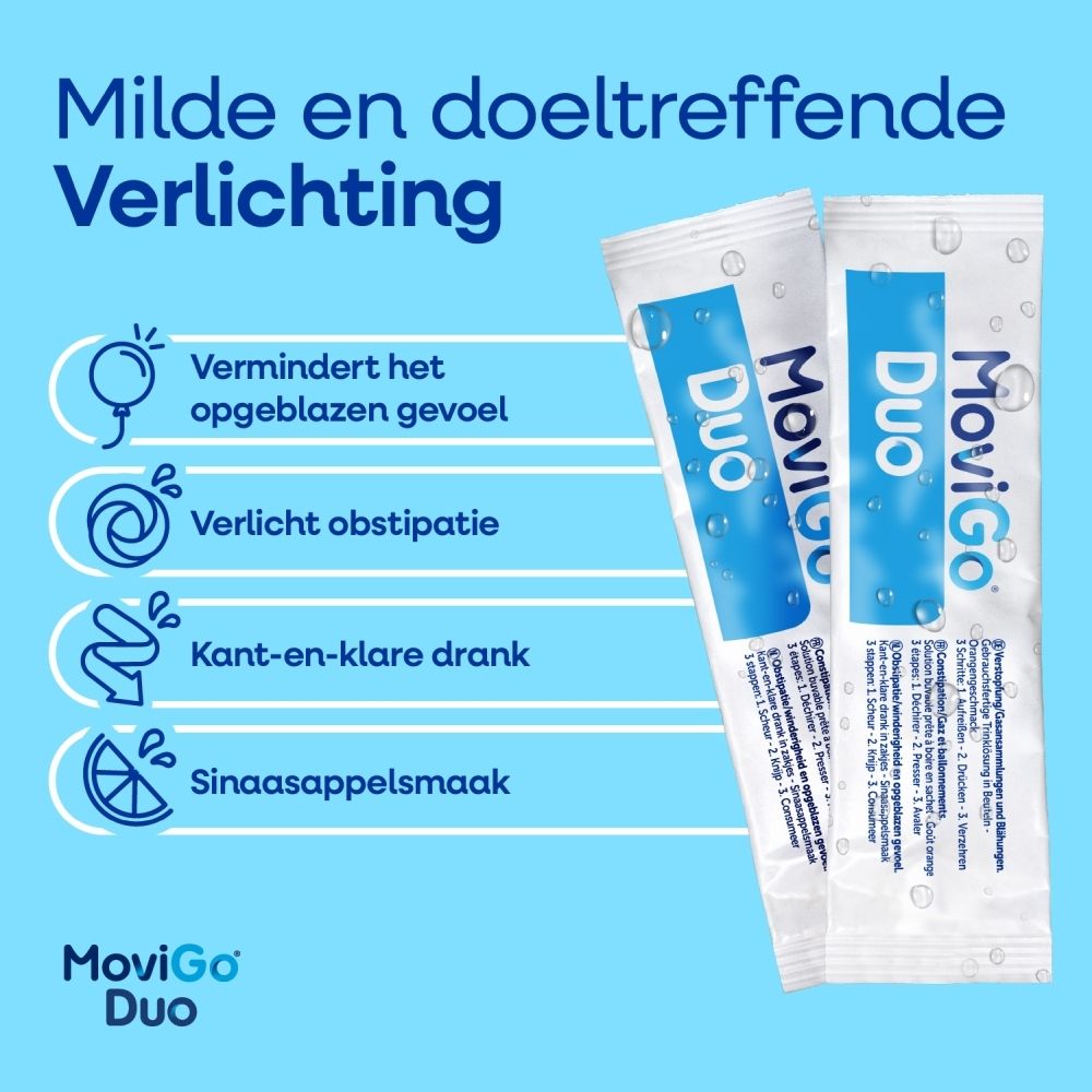 Movigo Duo: Dubbele werking tegen constipatie en opgeblazen gevoel. Drinkoplossing.
