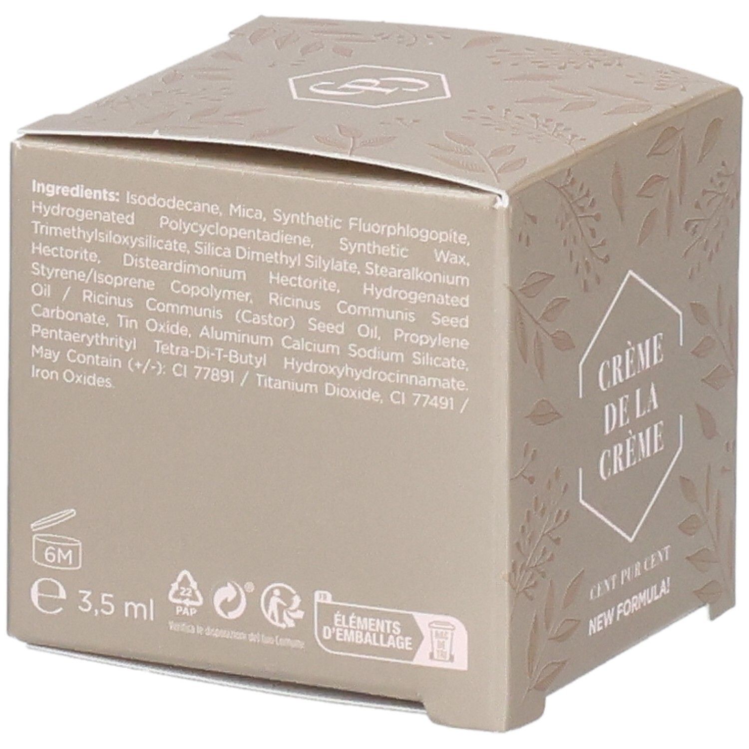 Vue latérale de l'emballage avec liste des ingrédients et "Crème de la Crème".