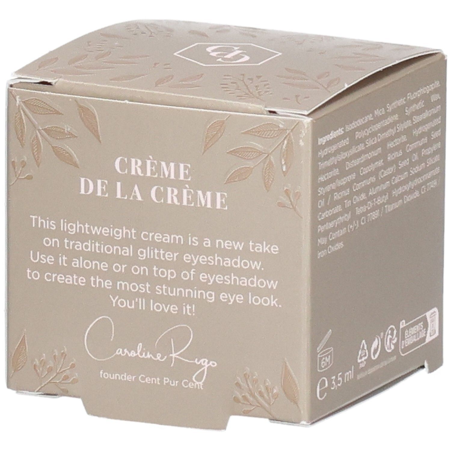 Emballage avec description "This lightweight cream is a new take on traditional glitter eyeshadow".