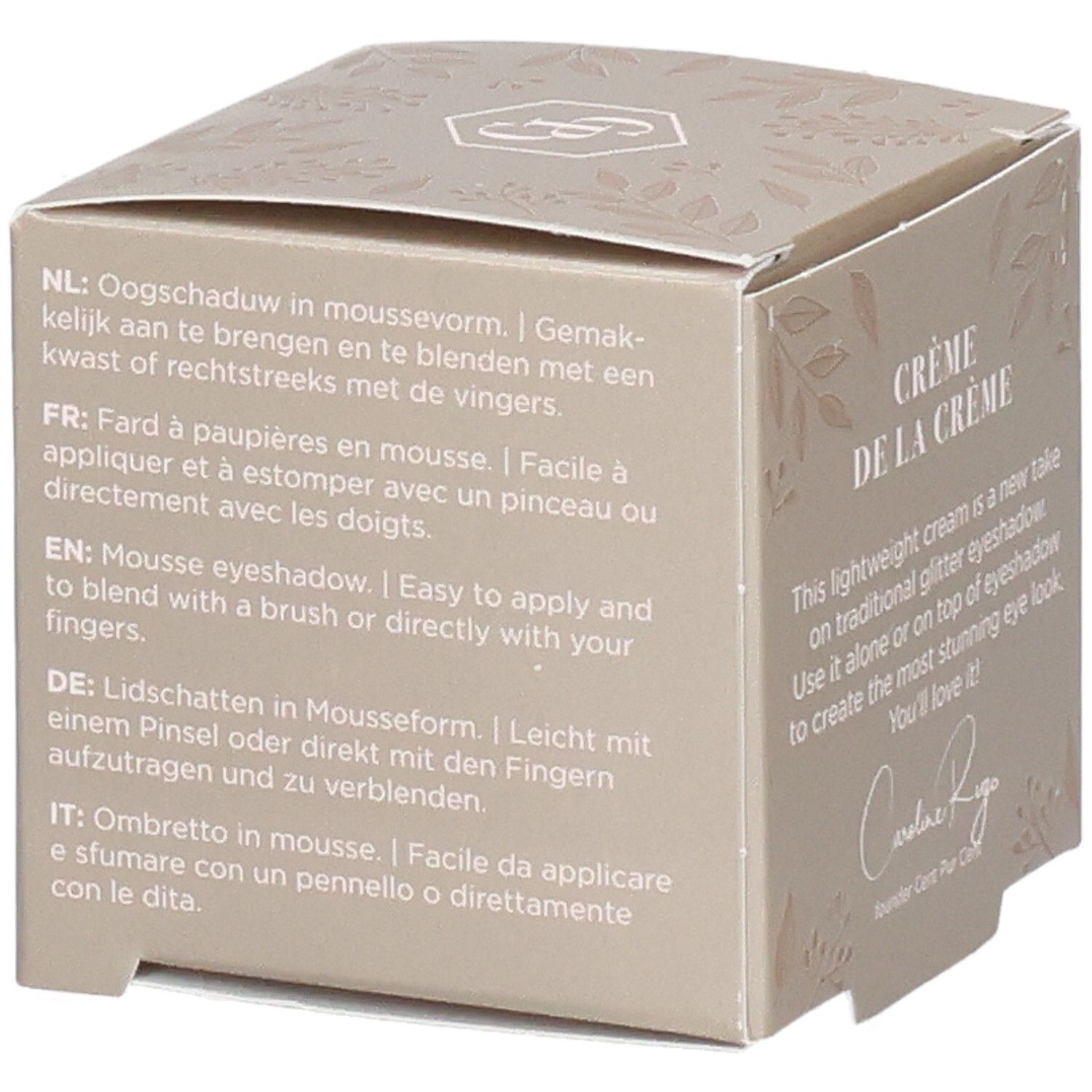 Emballage avec description d'application en quatre langues, y compris "Mousse eyeshadow".