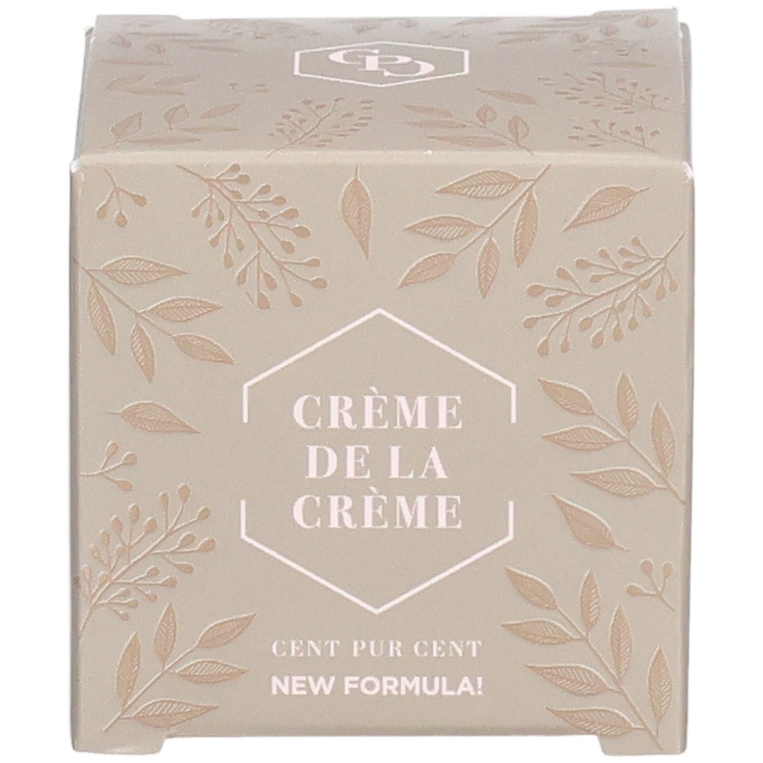 Face avant de l'emballage à motif floral, "Crème de la Crème" et "New Formula!".