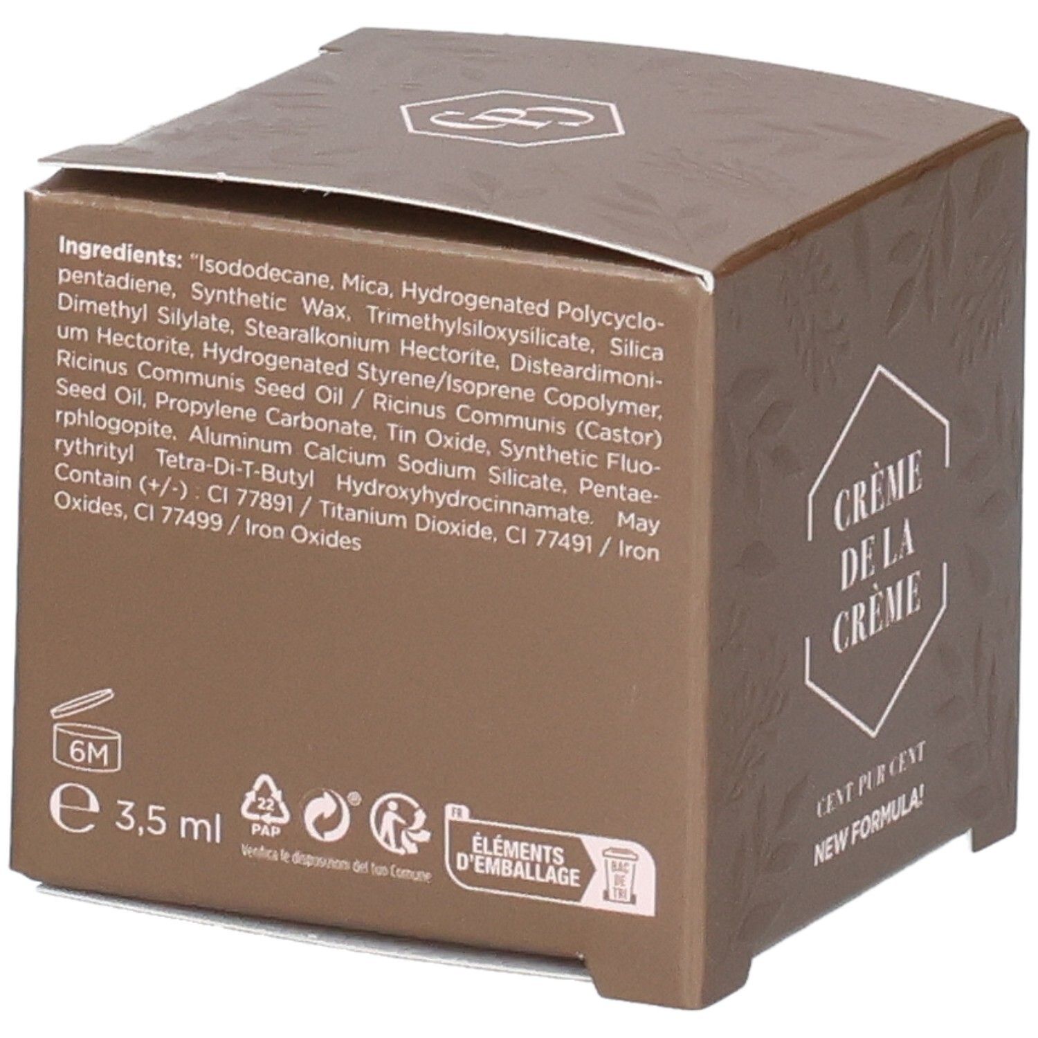 Braune Verpackung, Rückseite mit Inhaltsstoffen und Text. Volumen: 3,5 ml. Recycling-Symbole.