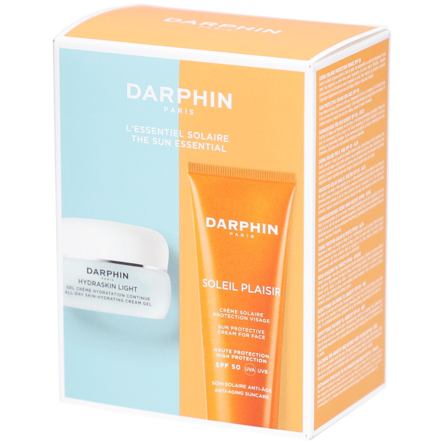 Verpackung von Darphin L'essentiel Solaire. Enthält Sonnencreme und Hydraskin Light. Orange und blaue Farbtöne.