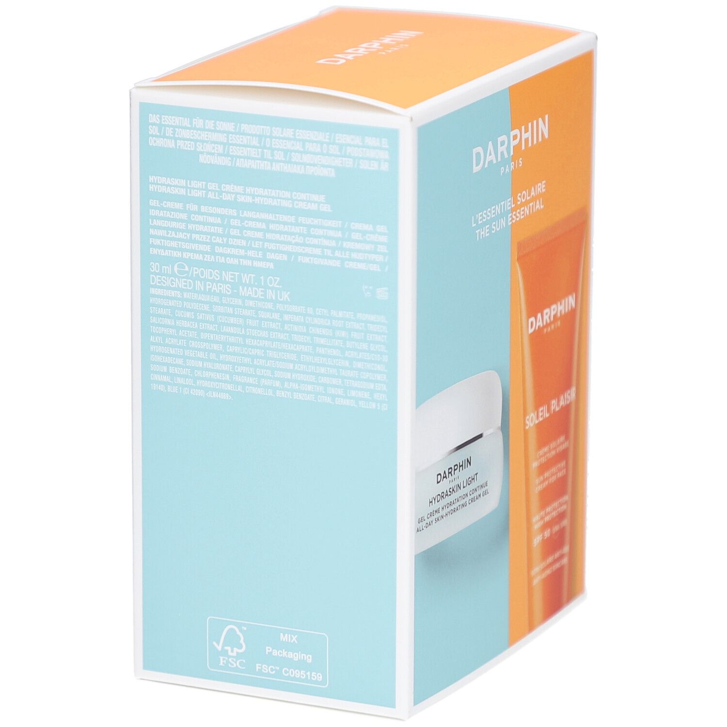 Rückseite der Verpackung von Darphin L'essentiel Solaire. Text in mehreren Sprachen. Blaue und orangefarbene Bereiche.