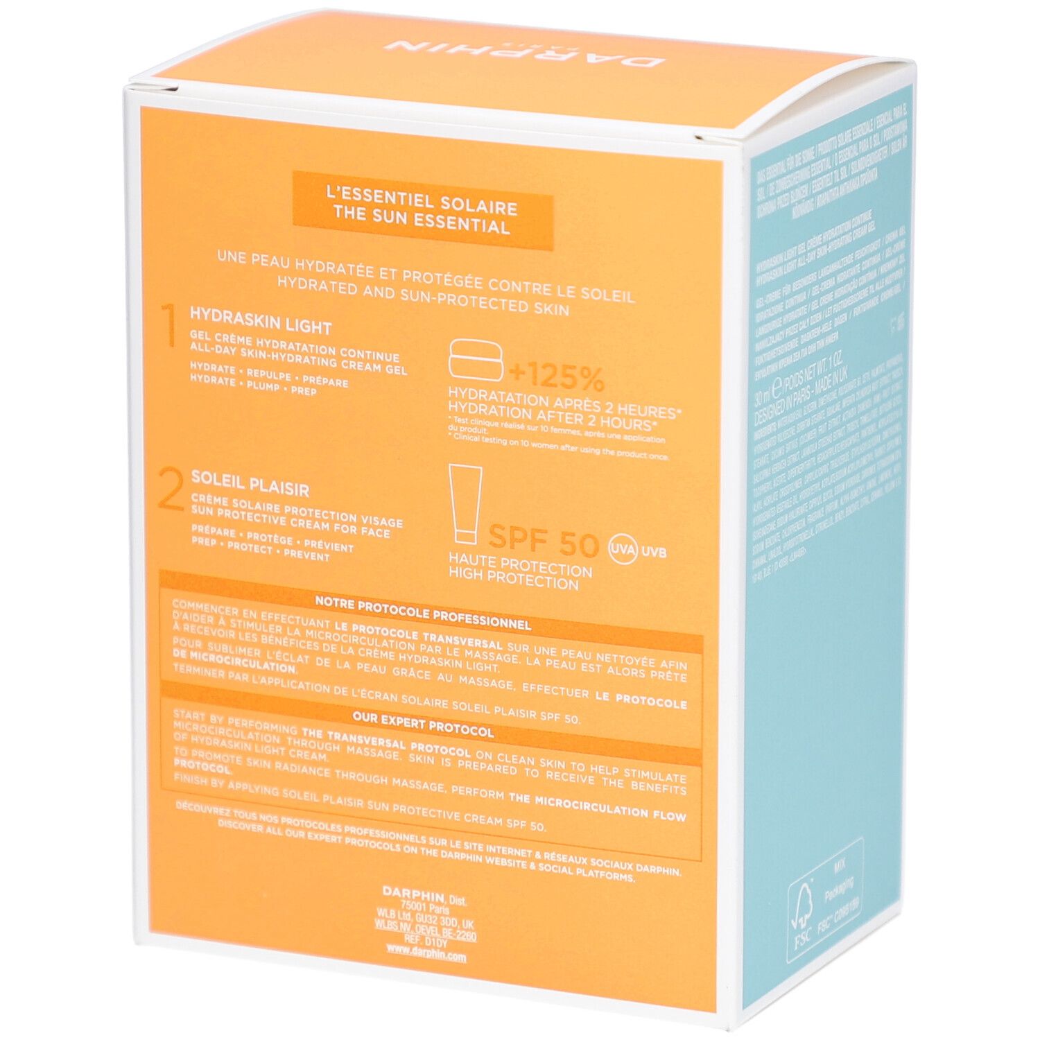 Verpackung von Darphin L'essentiel Solaire. Text und Illustrationen auf orangefarbenem Hintergrund. Blaue Ecke.