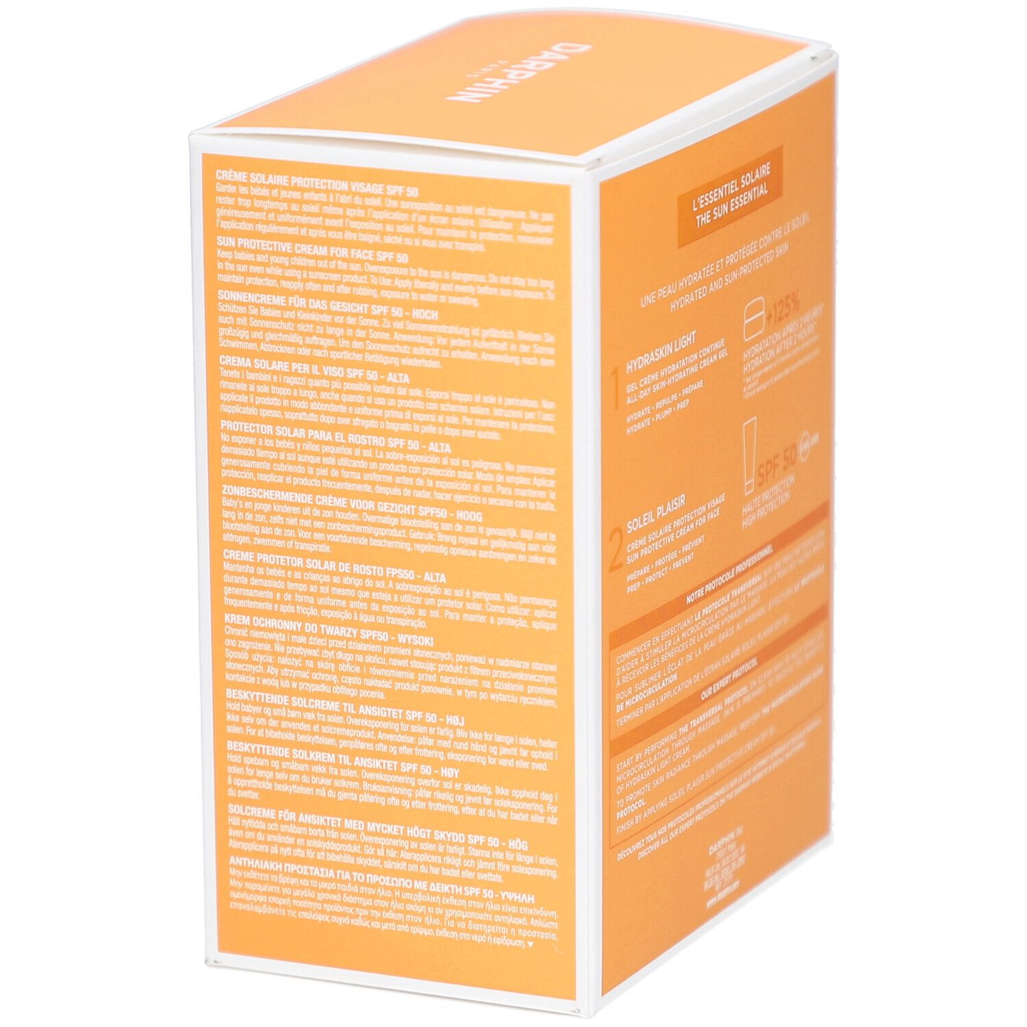 Seite der Verpackung von Darphin L'essentiel Solaire. Text in mehreren Sprachen. Orangefarbener Hintergrund.